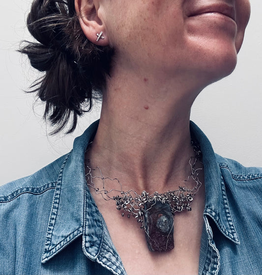 One-of-a-Kind Sculptural Sterling Silver & Ferruginous Quartz Necklace.