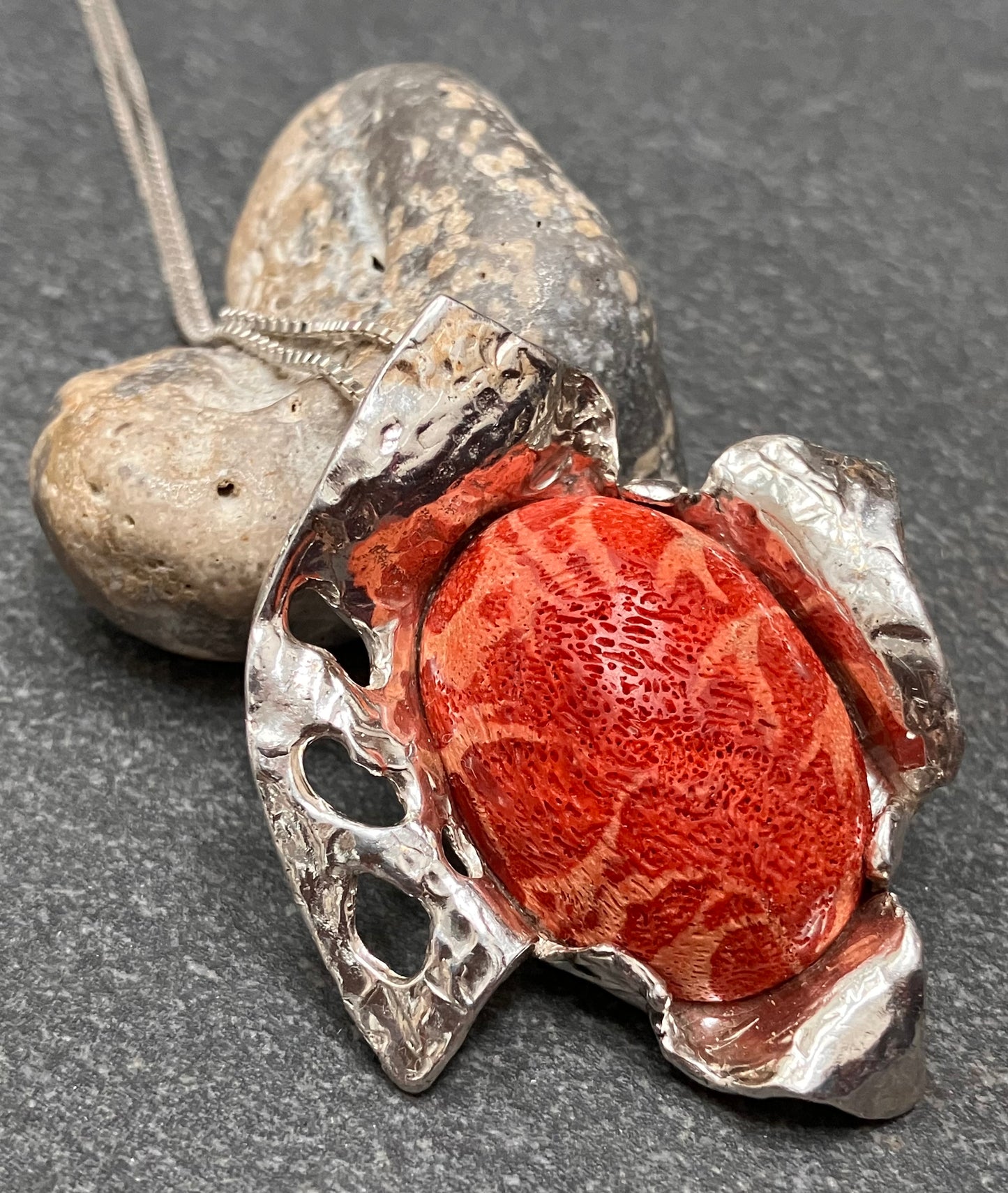 Statement vintage sterling silver and sponge coral artisan pendant with original vintage chain.