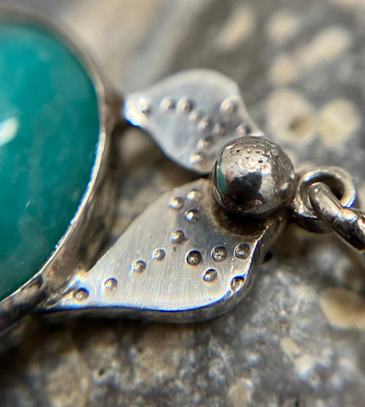 Vintage sterling silver artisan bracelet with green amazonite stone. 1982