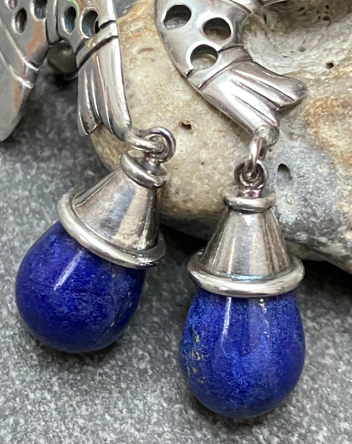 Fantastic vintage sterling silver and lapis lazuli fish earrings. 1996