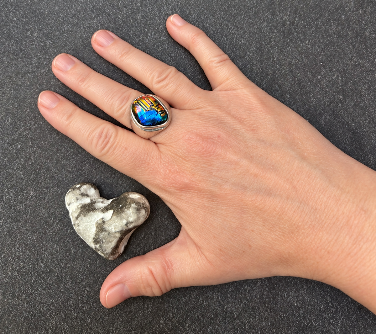 Artisan Vintage Sterling Silver Dichroic Glass Ring – Blue Skies & Sunset Hues
