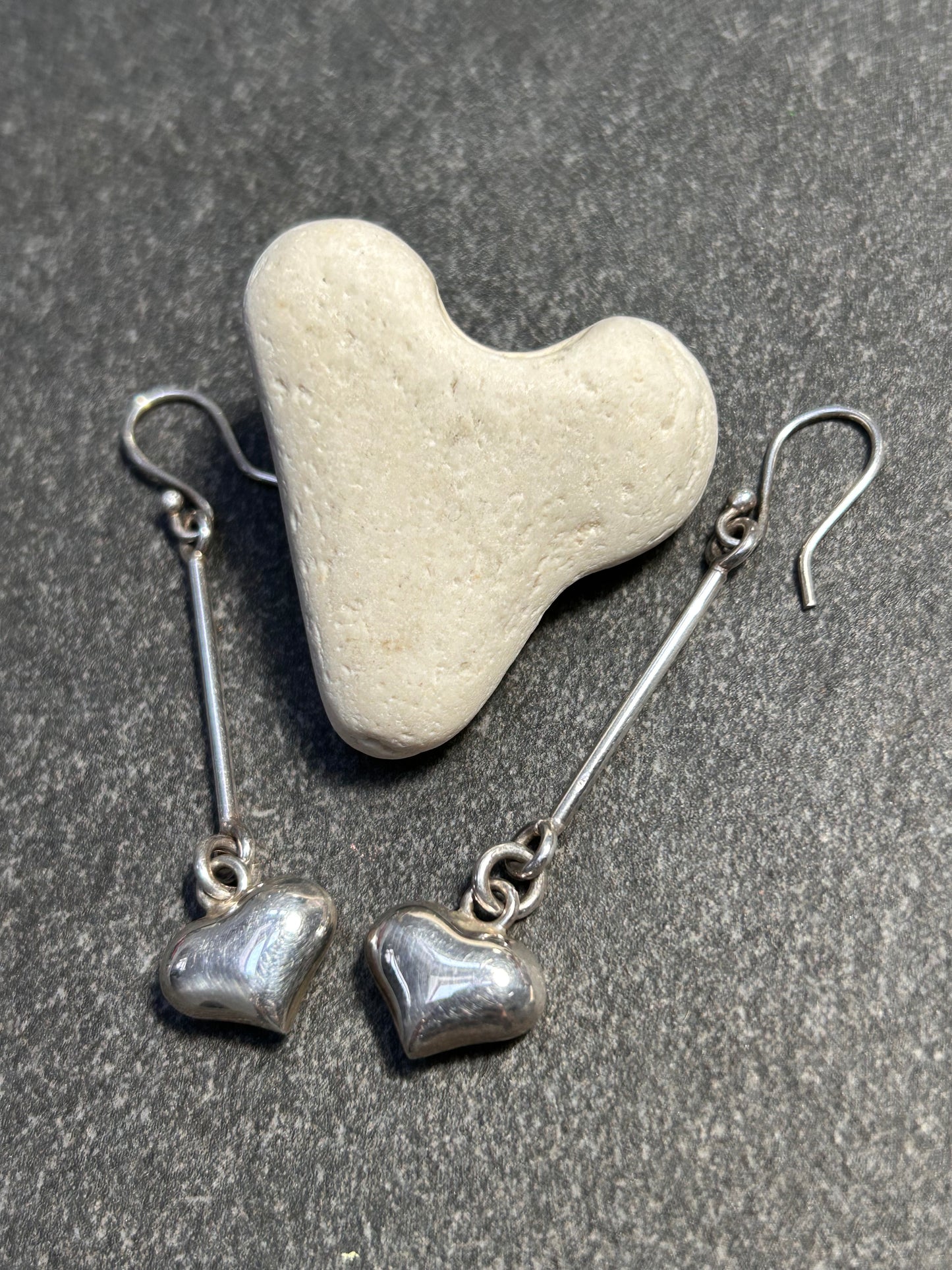 Vintage Sterling Silver Puff Heart Dangle Earrings