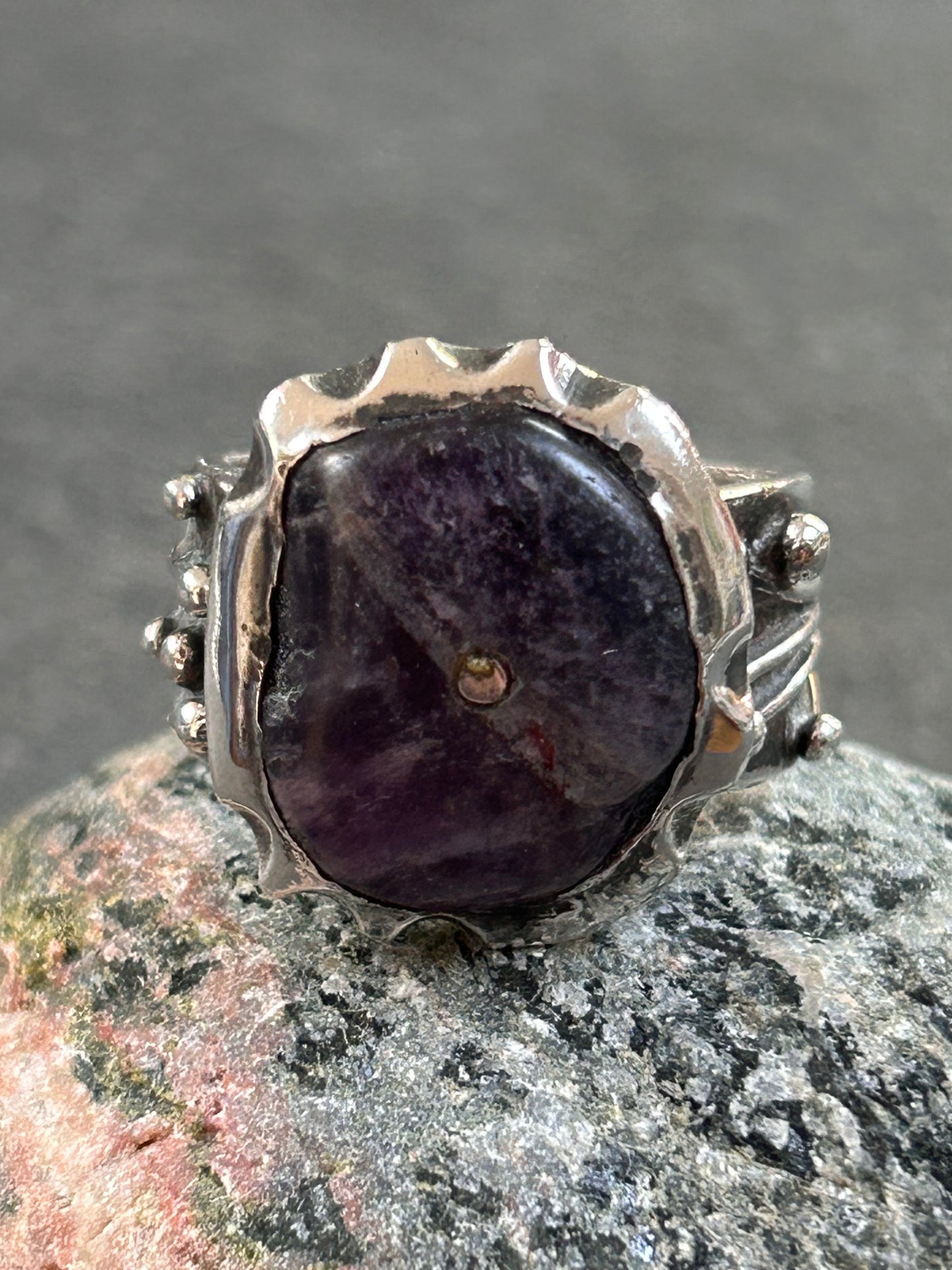This artisan amethyst ring is a striking, one-of-a-kind.