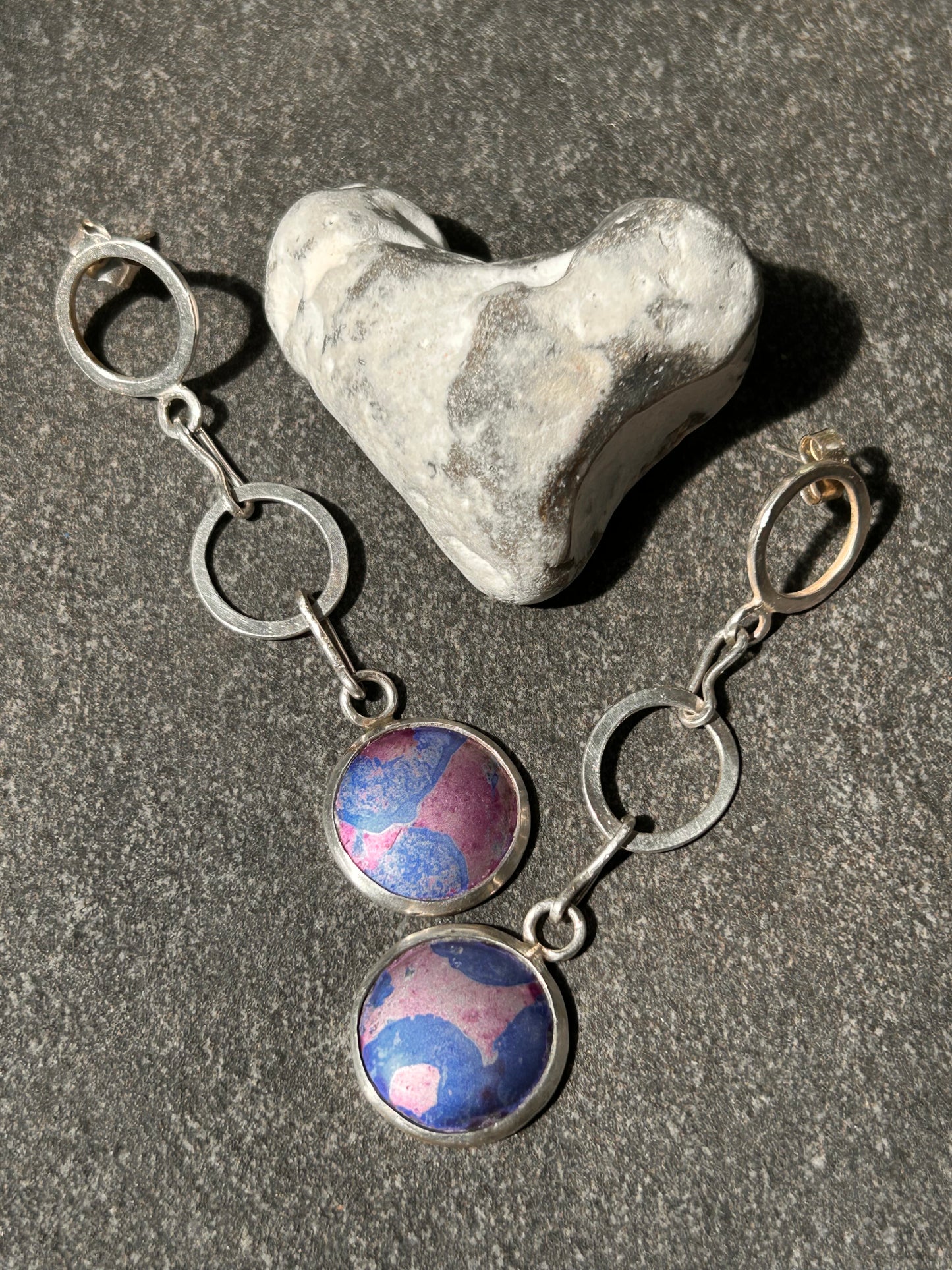Vintage sterling silver statement drop earrings featuring striking marbled aluminium discs