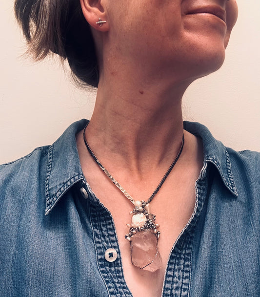 Unique Handmade Rose Quartz, Pearl and Sterling Silver Pendant