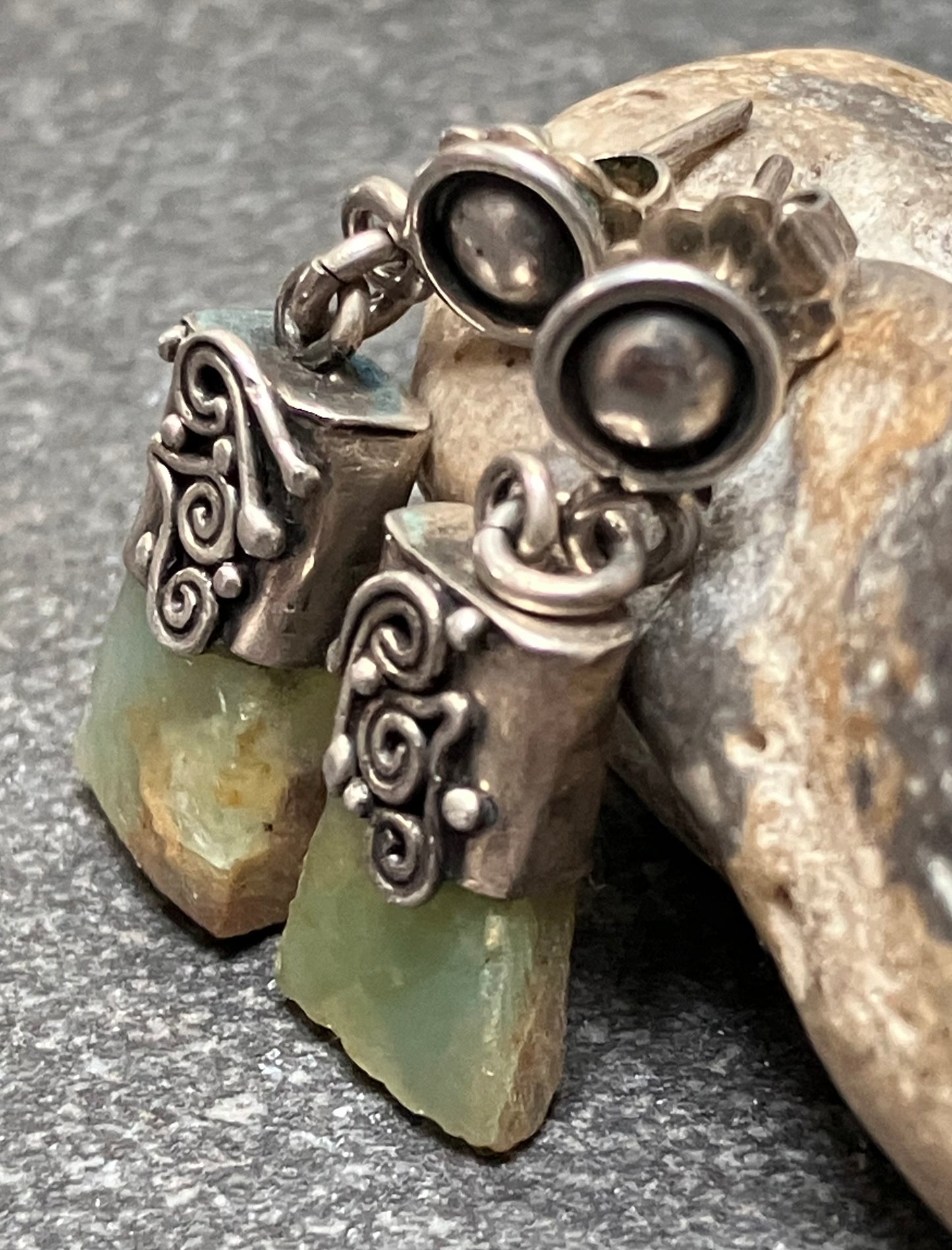 Vintage sterling silver and raw cut jade earrings