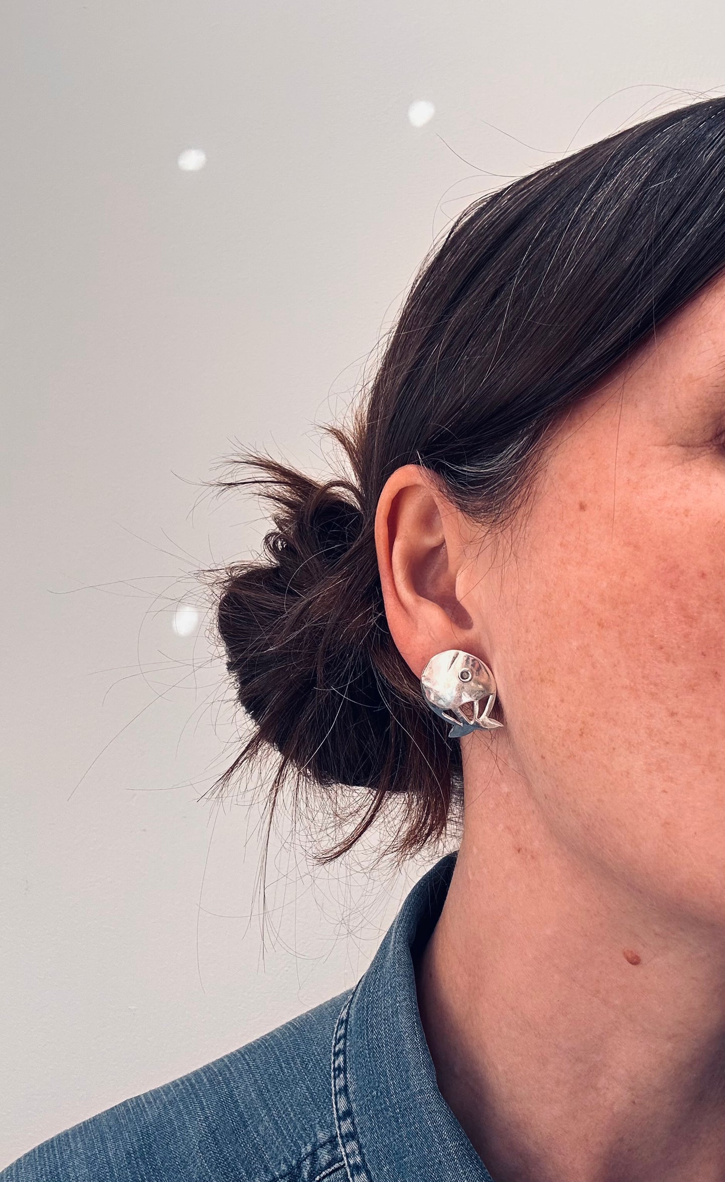 Vintage Artisan Sterling Silver Fish Earrings