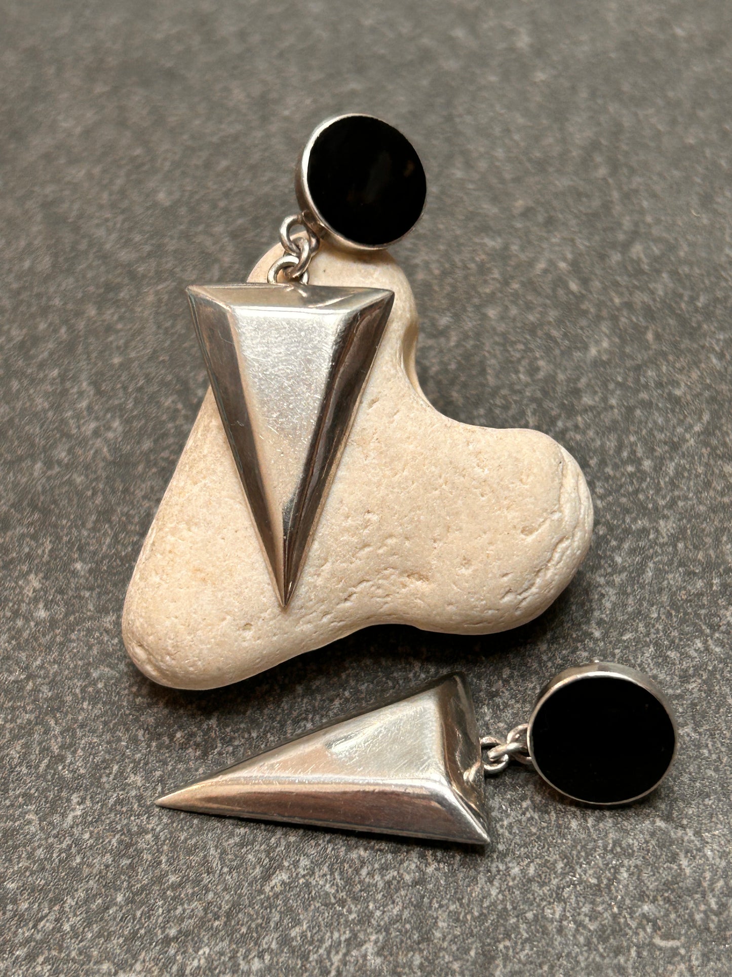 A pair of vintage sterling silver geometric drop earrings with a distinct 1980s aesthetic.