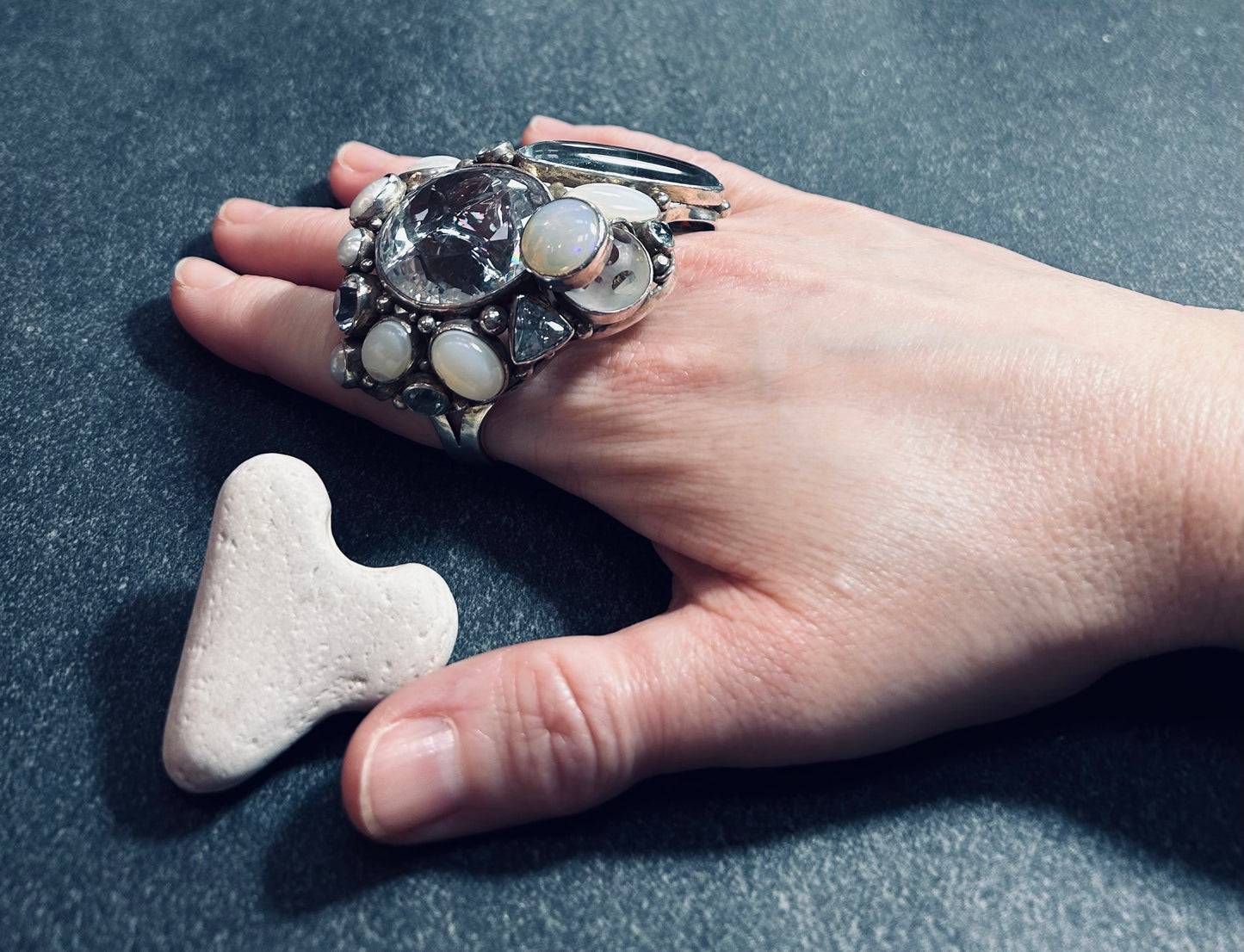 Spectacular Polish Artisan Double-Finger Ring.
Sterling Silver, Rock Crystal, Topaz, Opals, Aquamarine & Pearls.
