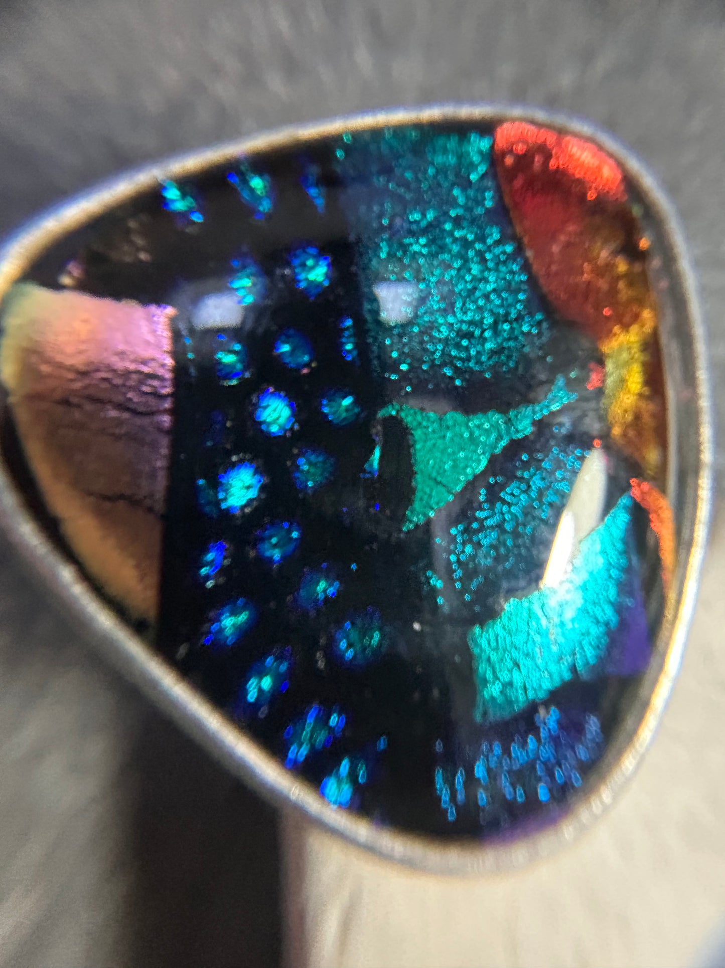 Dramatic dichroic glass cocktail ring