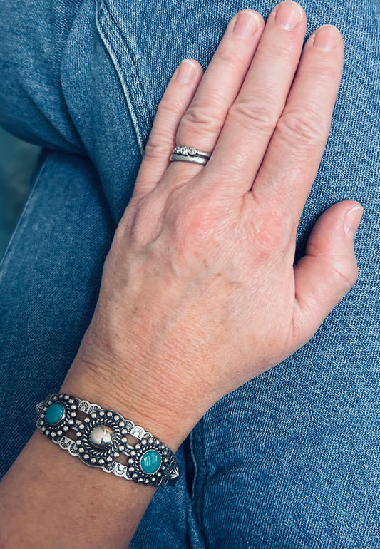 Vintage Sterling Silver & Turquoise Native American Statement Cuff