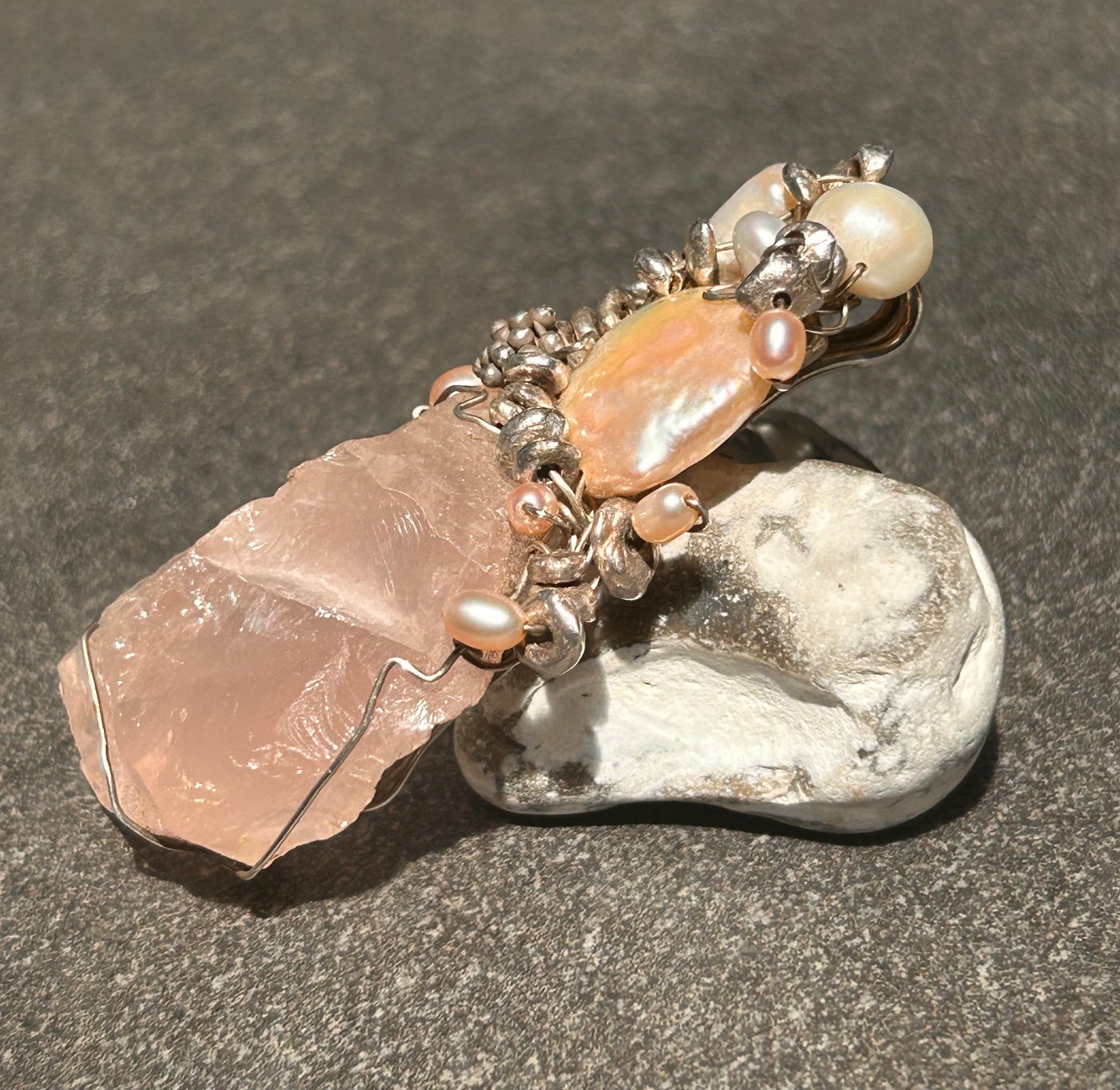 Unique Handmade Rose Quartz, Pearl and Sterling Silver Pendant