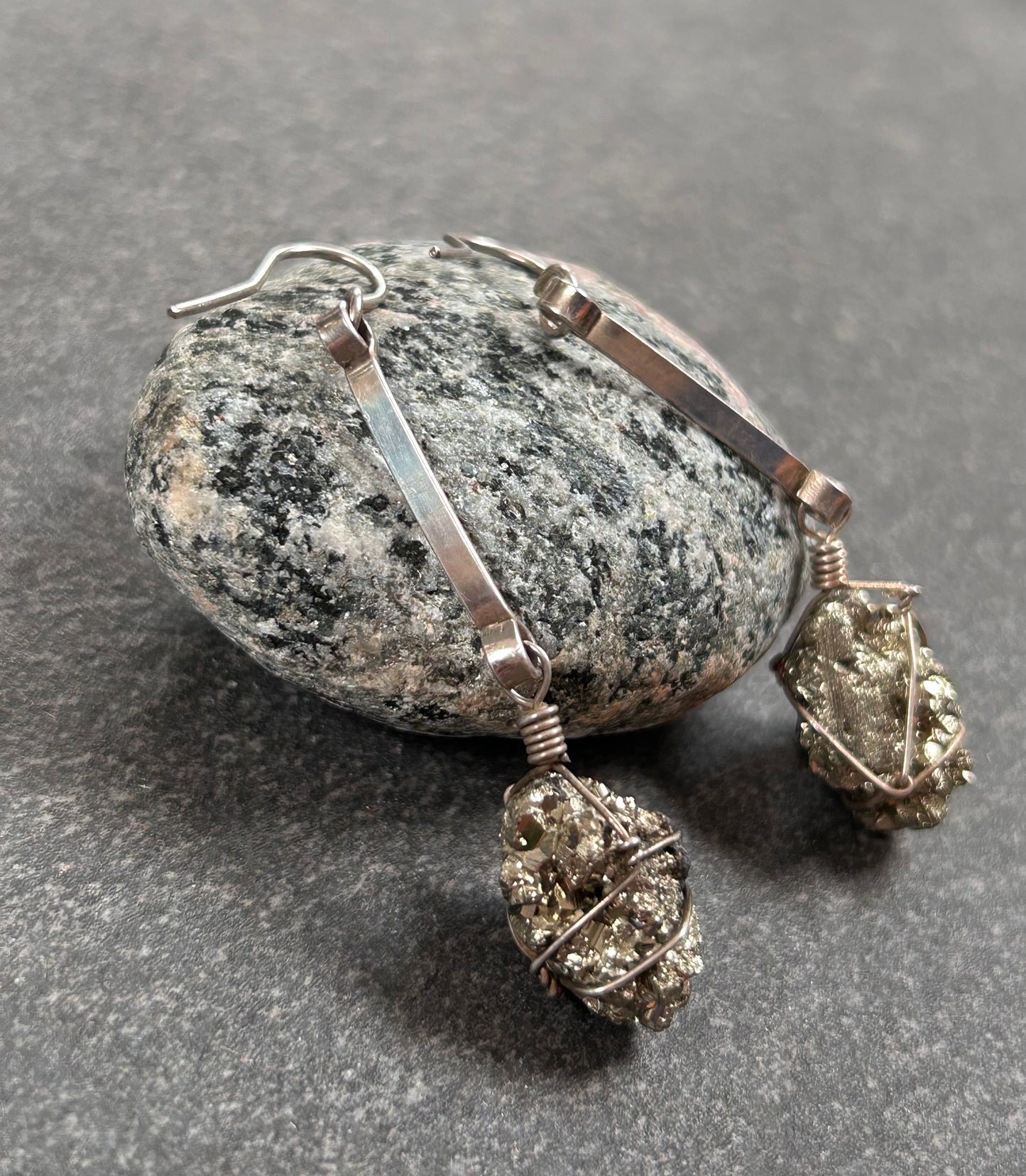 These striking vintage earrings feature gleaming Pyrite (Fool’s Gold) stones
