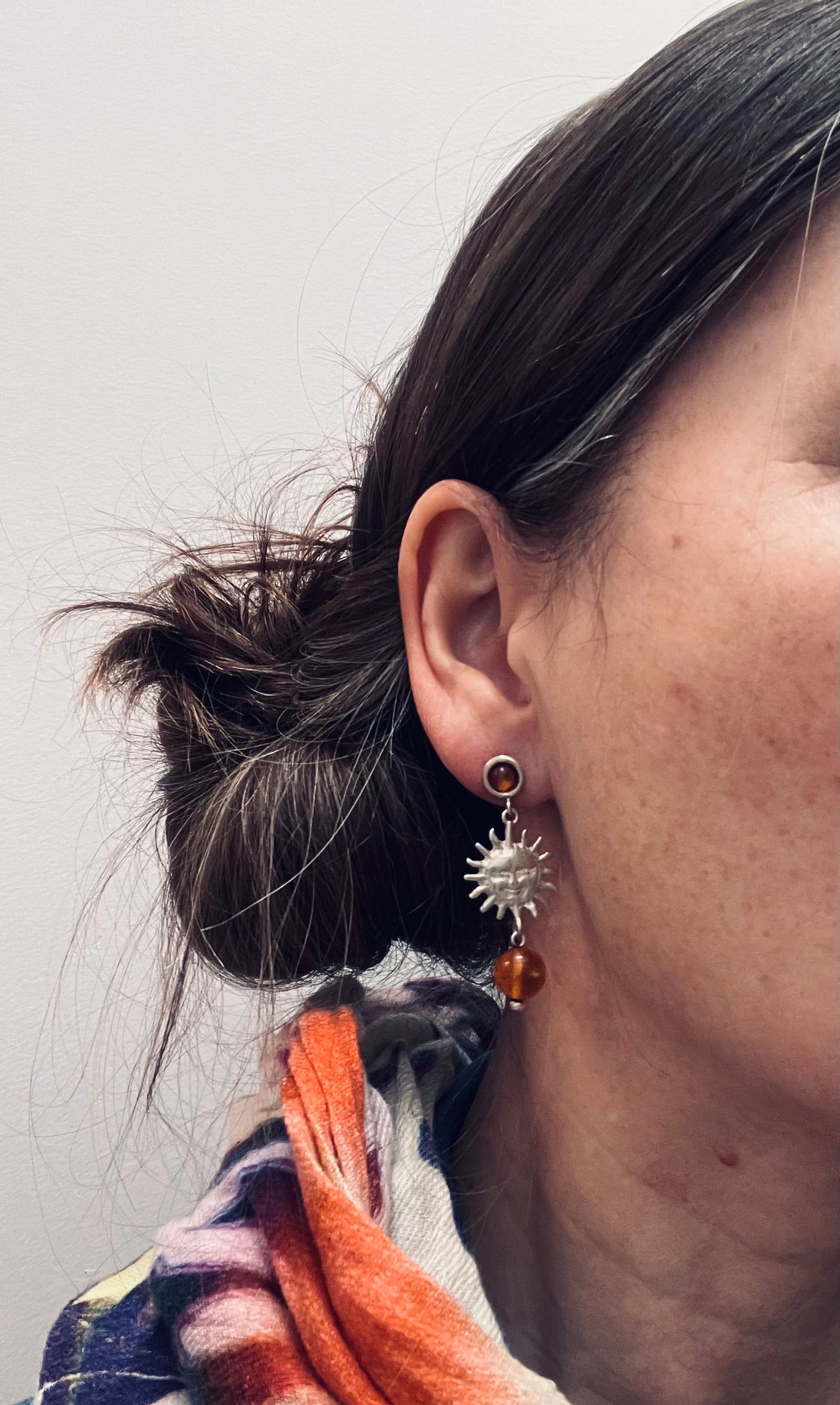 Absolutely fantastic vintage sterling silver sun and amber earrings.