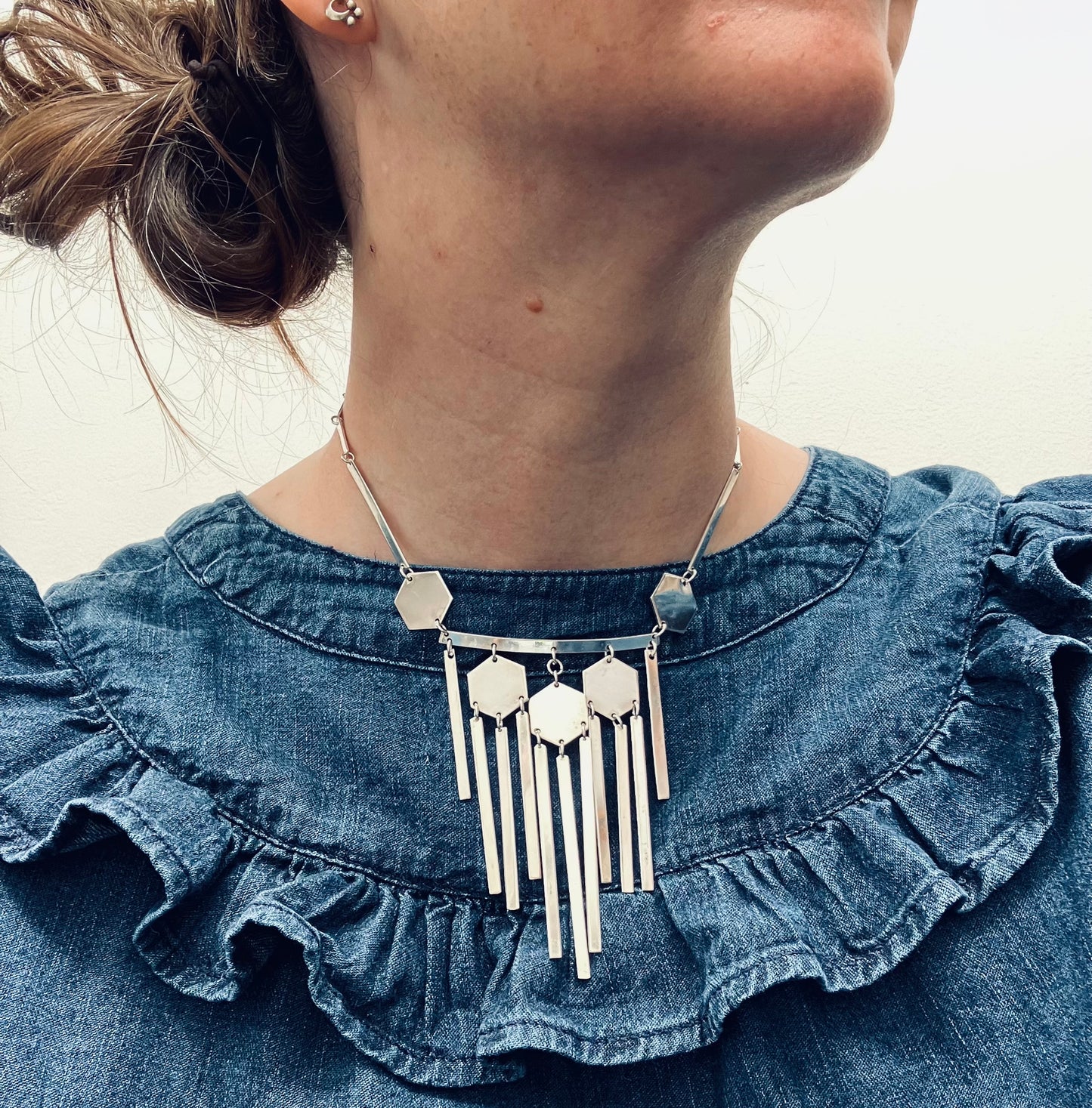 Spectacular vintage artisan sterling silver fringe necklace