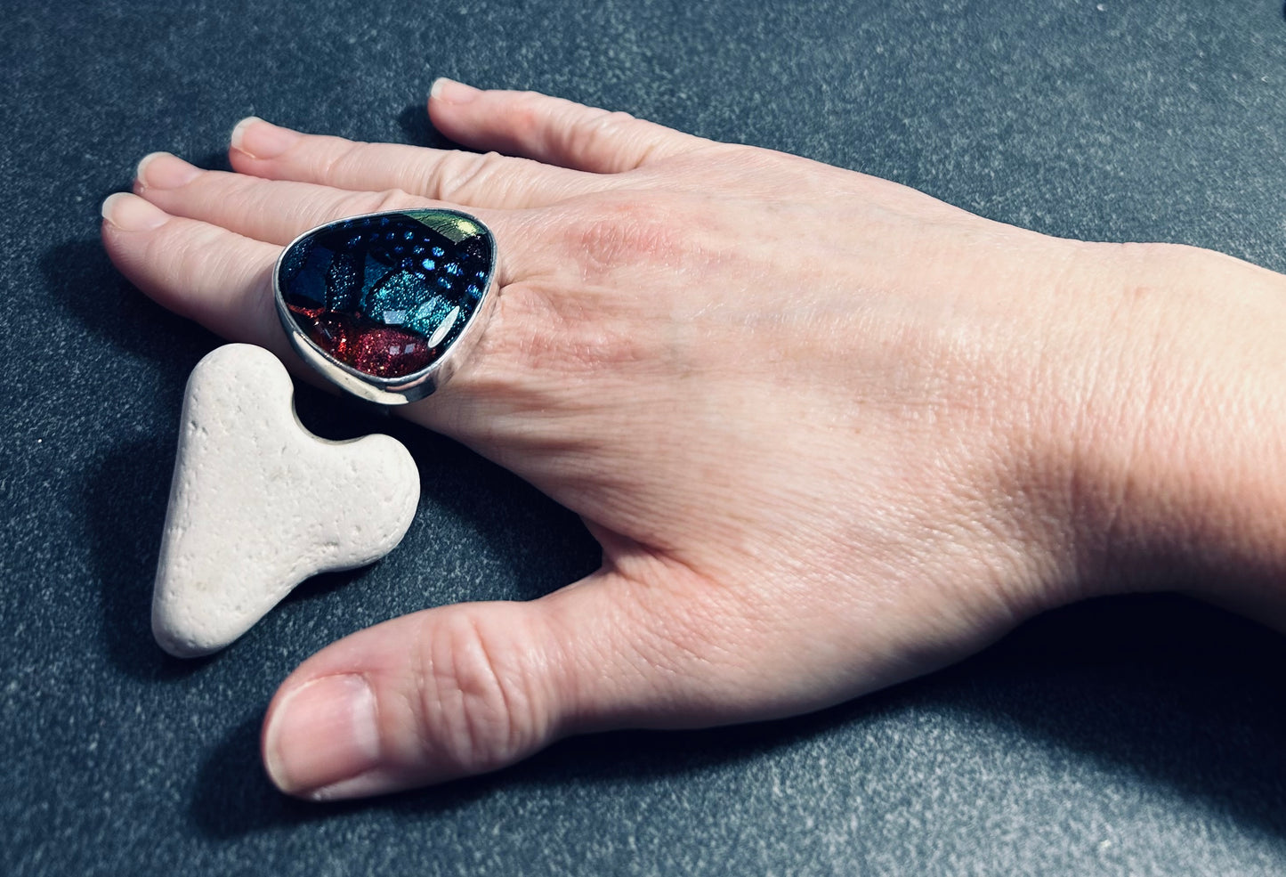 Dramatic dichroic glass cocktail ring