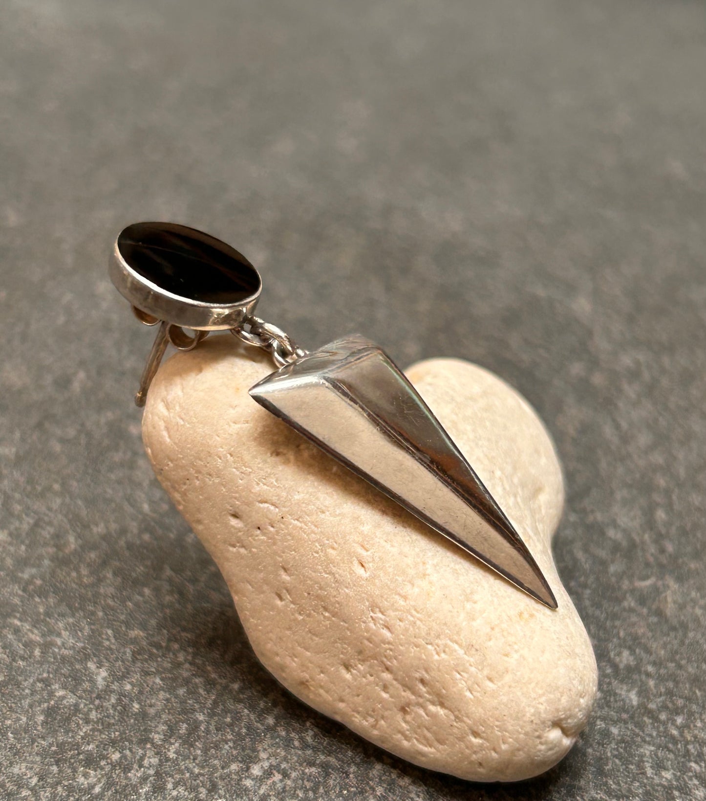 A pair of vintage sterling silver geometric drop earrings with a distinct 1980s aesthetic.