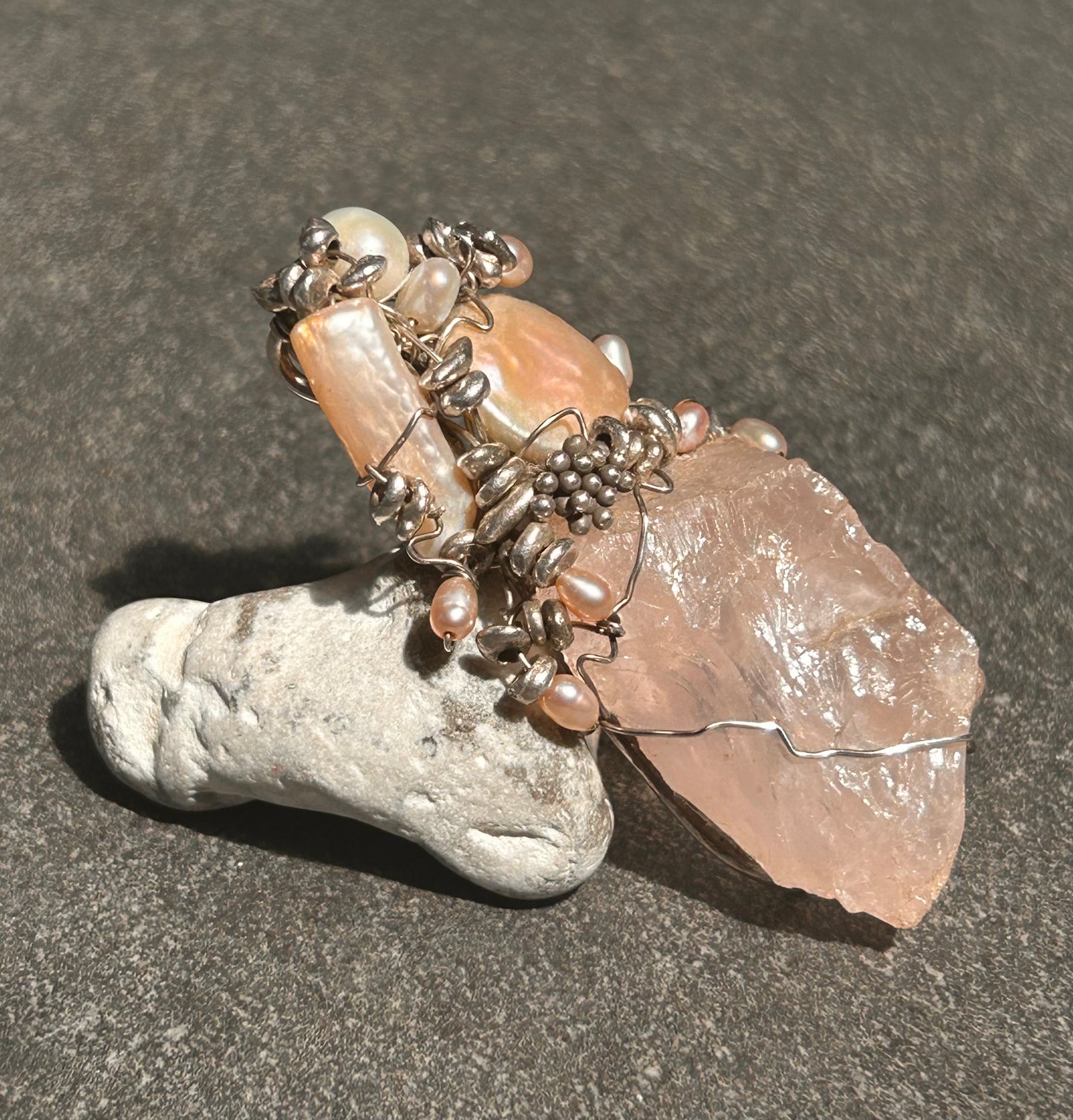 Unique Handmade Rose Quartz, Pearl and Sterling Silver Pendant