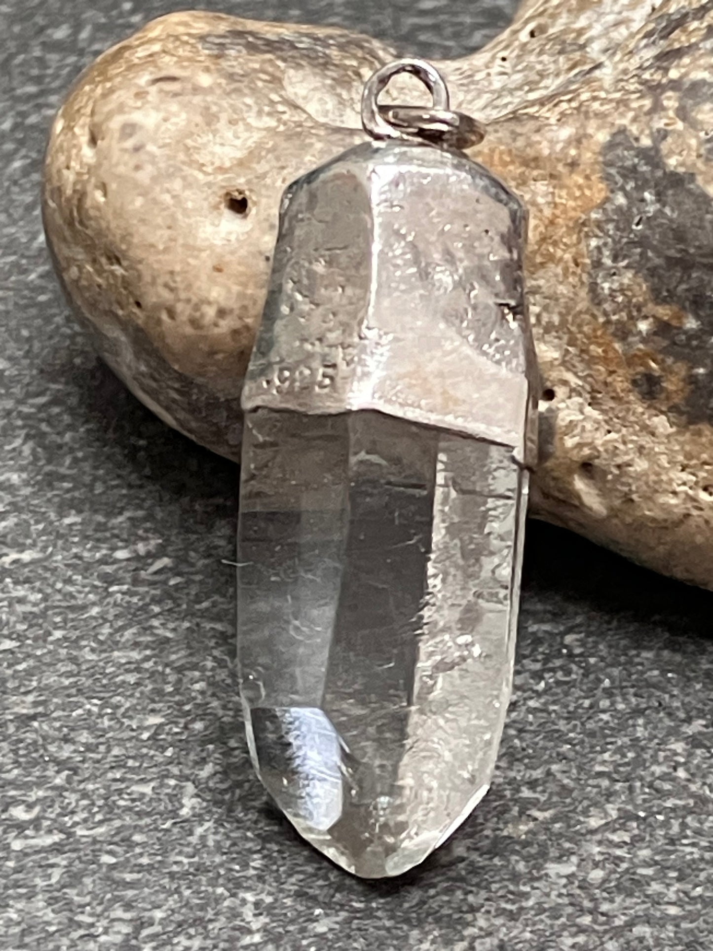 Vintage sterling silver natural raw rock cut crystal pendant.