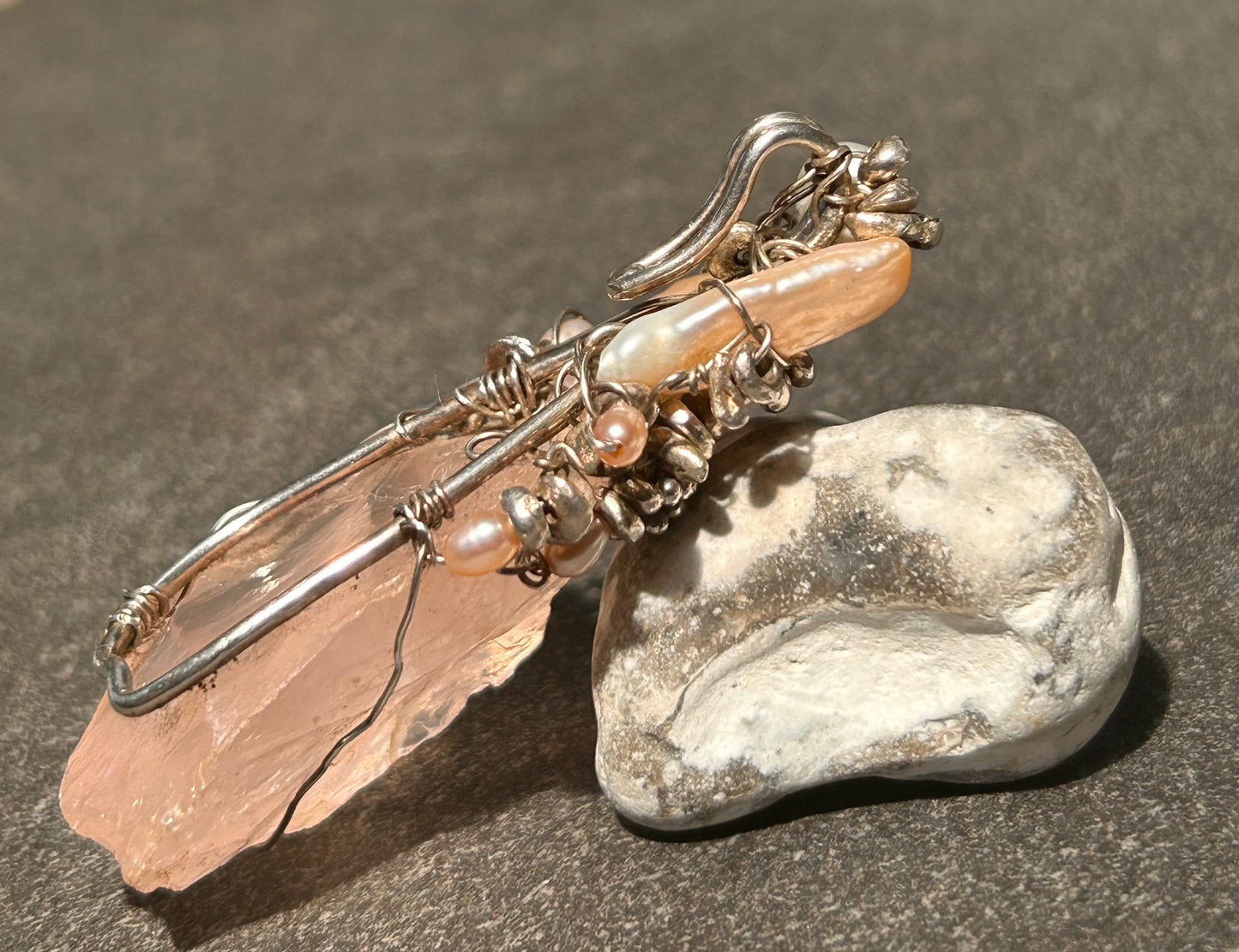 Unique Handmade Rose Quartz, Pearl and Sterling Silver Pendant