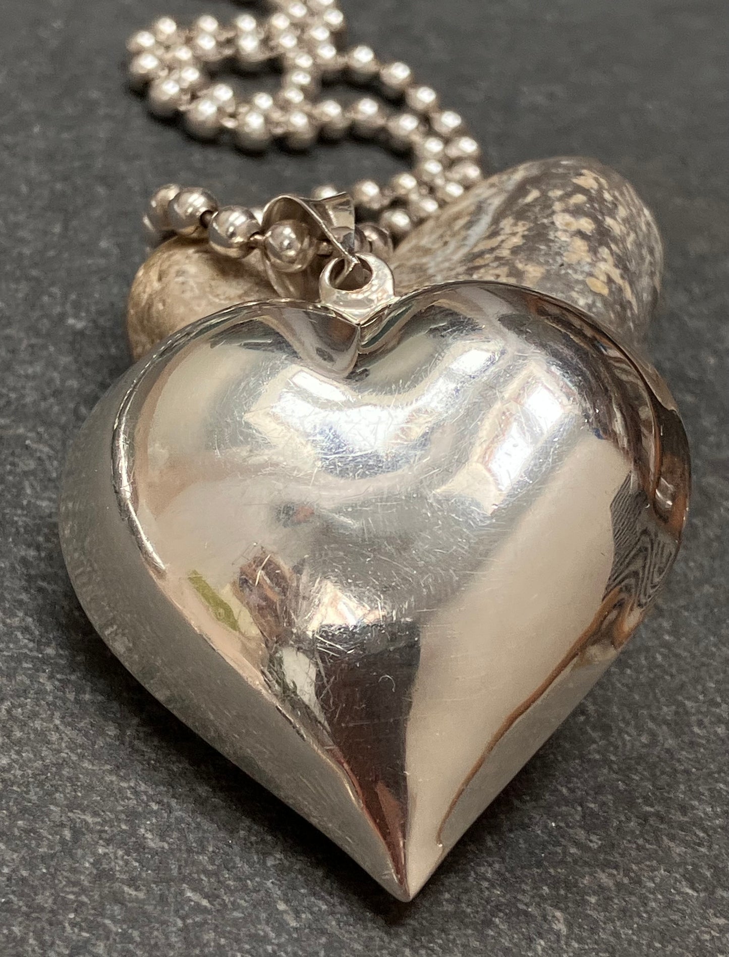 A spectacular vintage sterling silver heart and original sterling silver ball chain. 1994