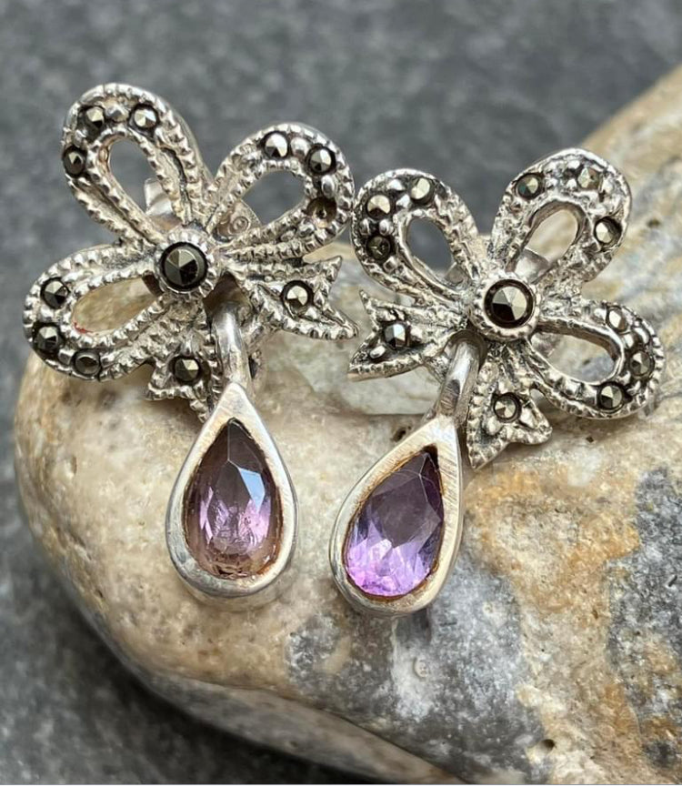 Vintage sterling silver amethyst and marcasite earrings.