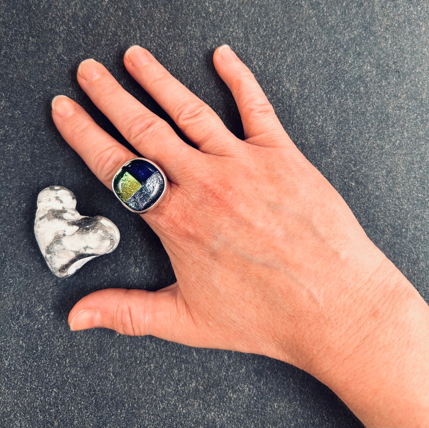 Vintage Sterling Silver Chunky Dichroic Glass Ring – Size S