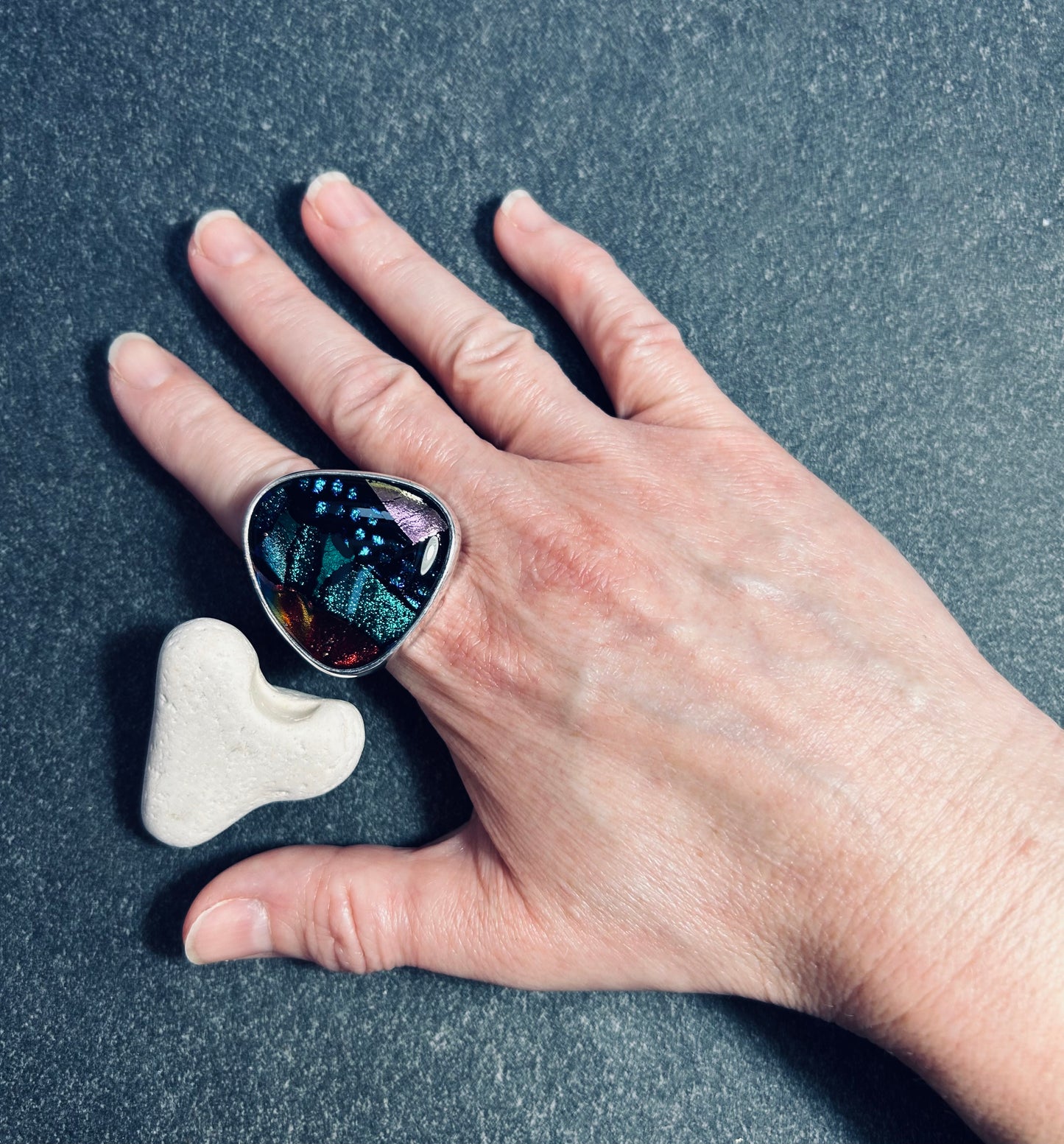 Dramatic dichroic glass cocktail ring