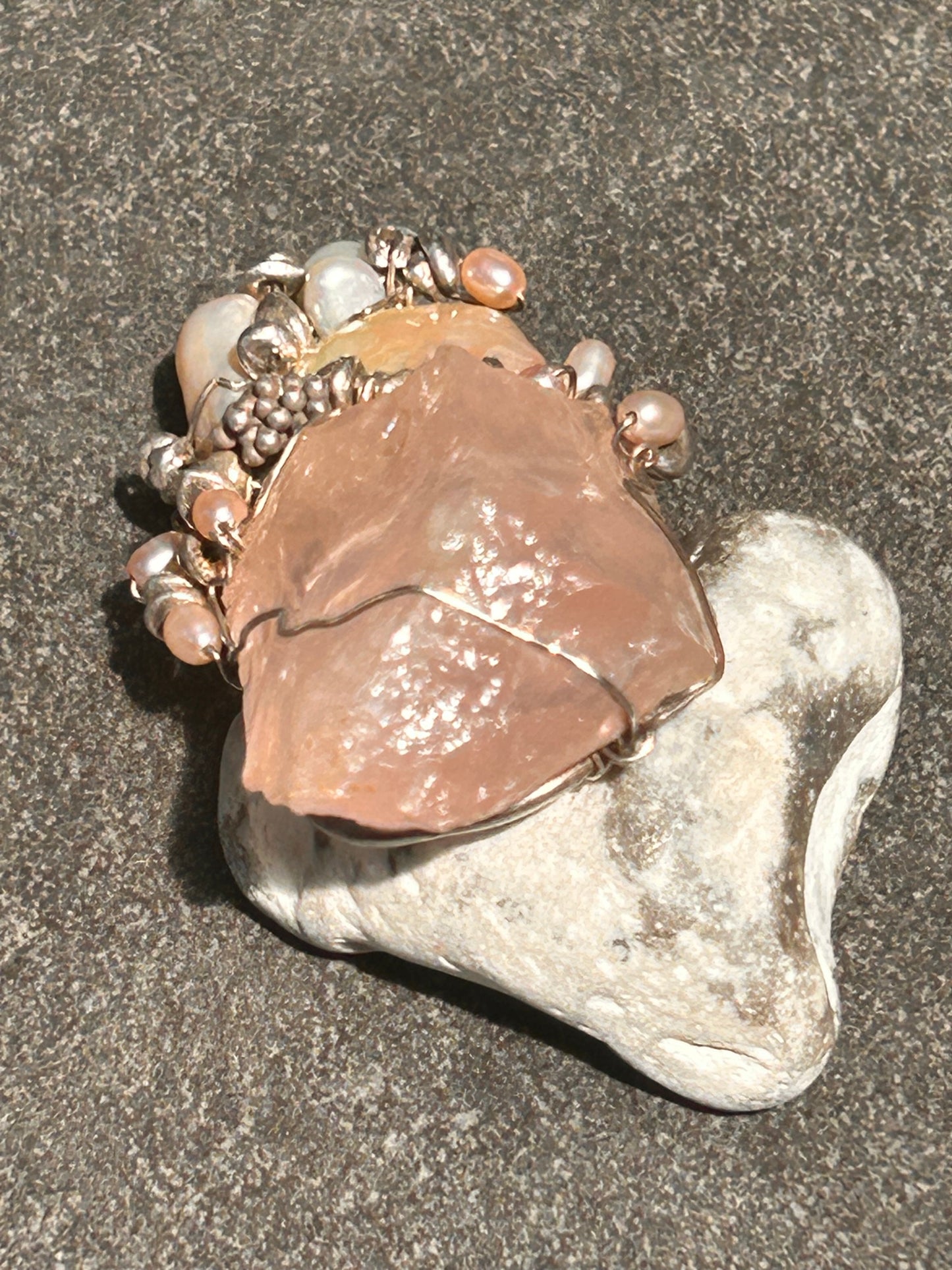 Unique Handmade Rose Quartz, Pearl and Sterling Silver Pendant