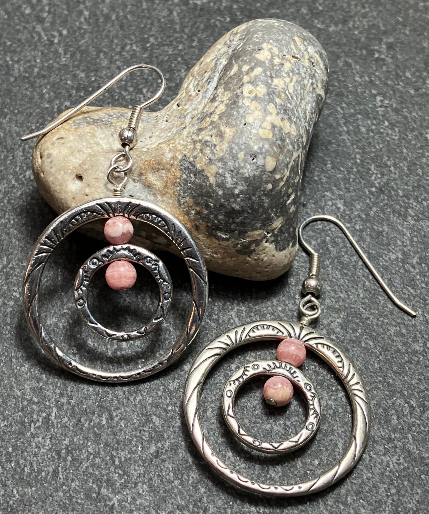 Vintage sterling silver earrings with natural pink Rhodochrosite beads.