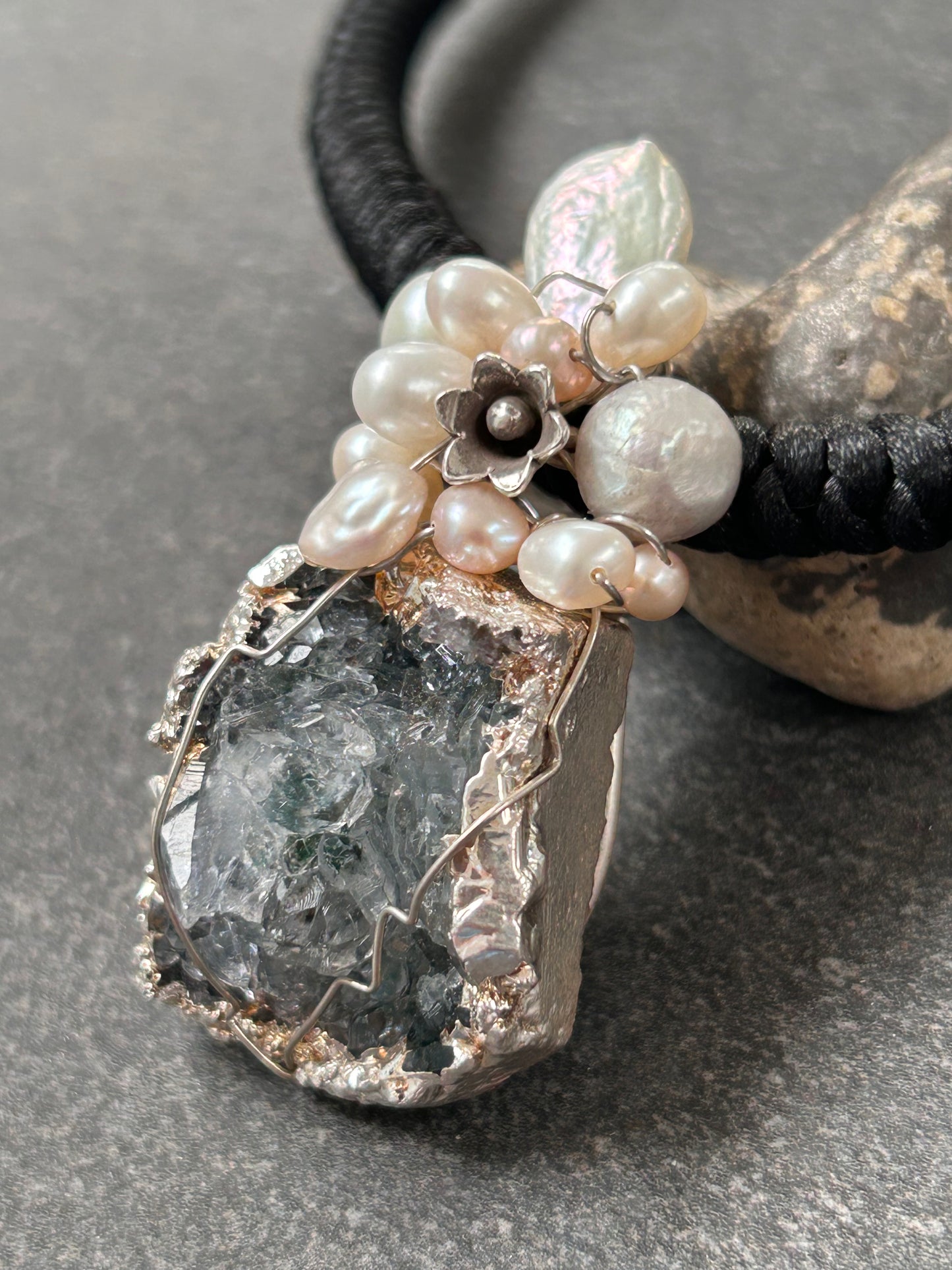 Unique handmade artisan pendant, a combination of Aquamarine crystal, pearls and sterling silver