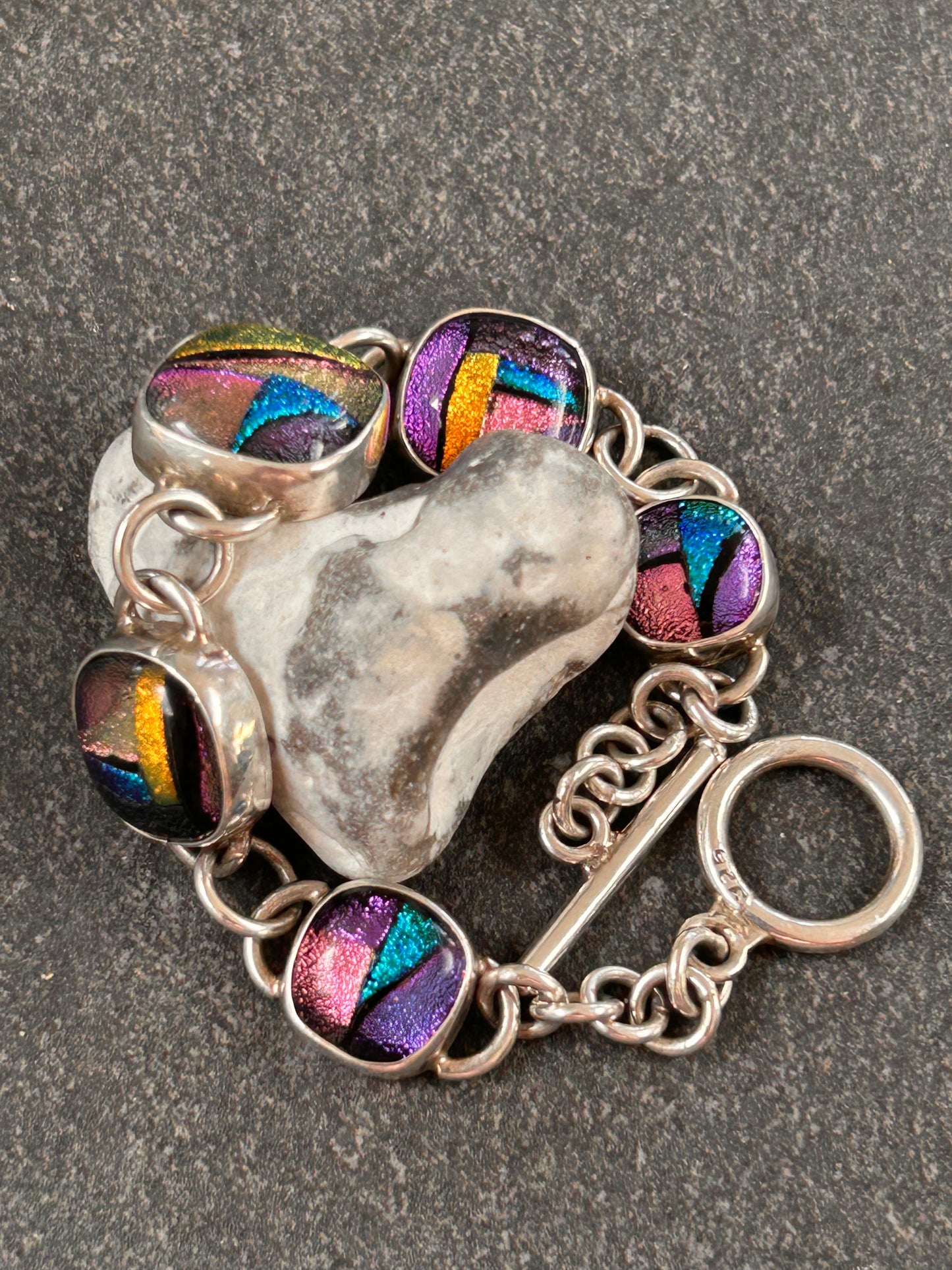 Vintage Sterling Silver Dichroic Glass Bracelet – Statement Piece