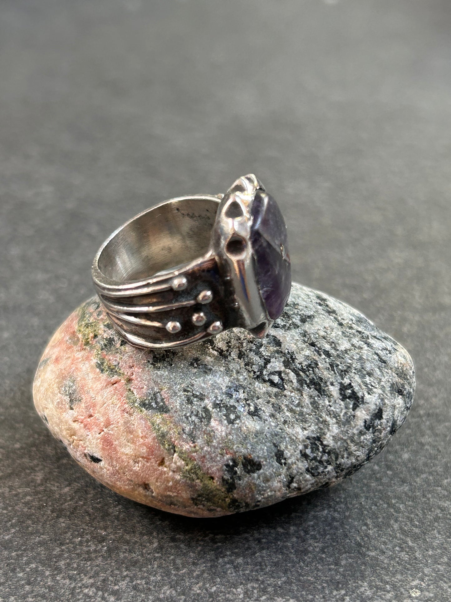 This artisan amethyst ring is a striking, one-of-a-kind.