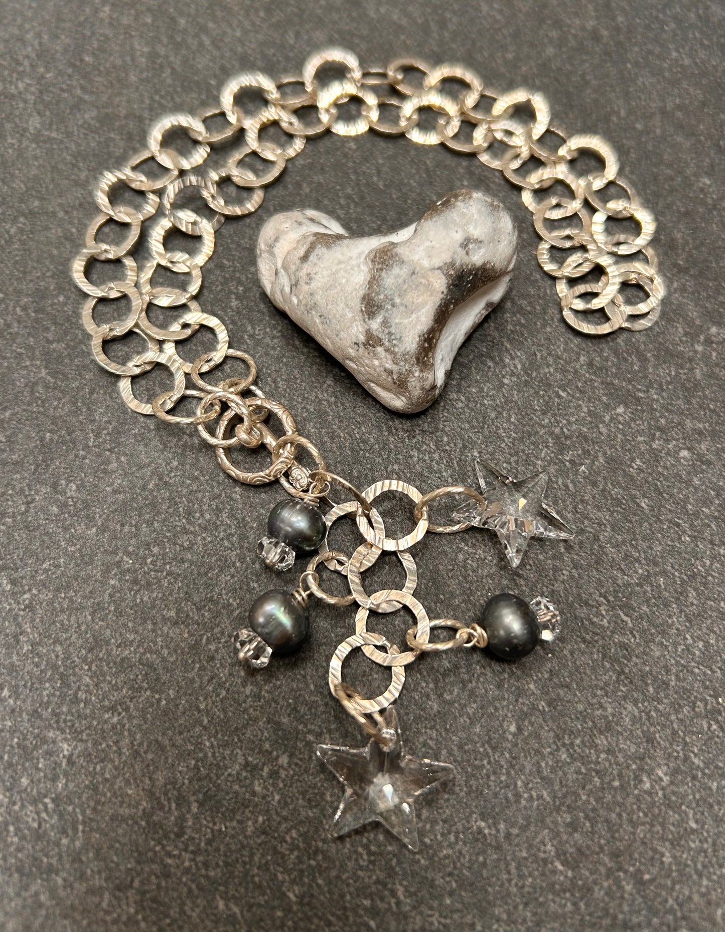 Vintage Artisan Sterling Silver Star & Pearl Necklace