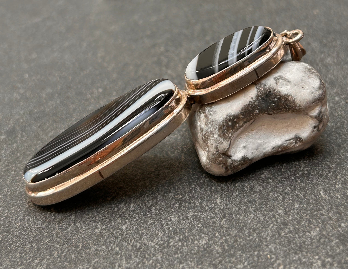 Vintage Sterling Silver Black Banded Agate Statement Pendant.