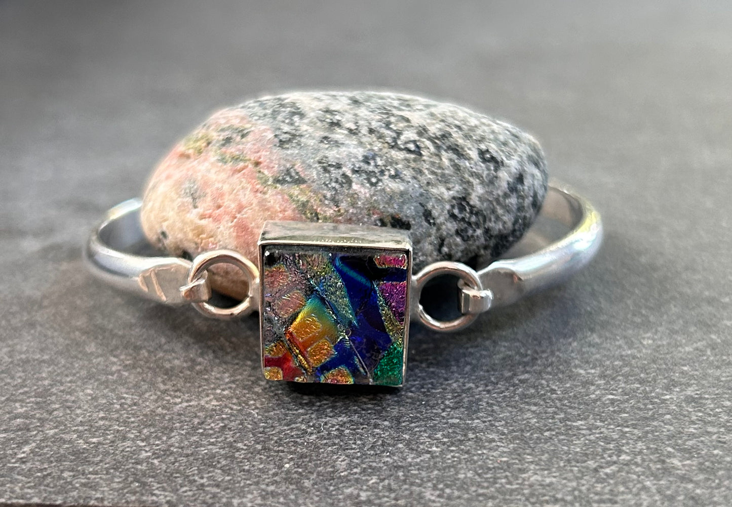 Fantastic Vintage Sterling Silver & Dichroic Glass Bangle