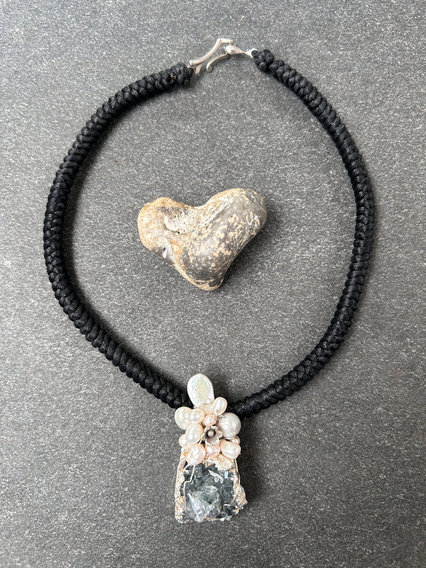 Unique handmade artisan pendant, a combination of Aquamarine crystal, pearls and sterling silver