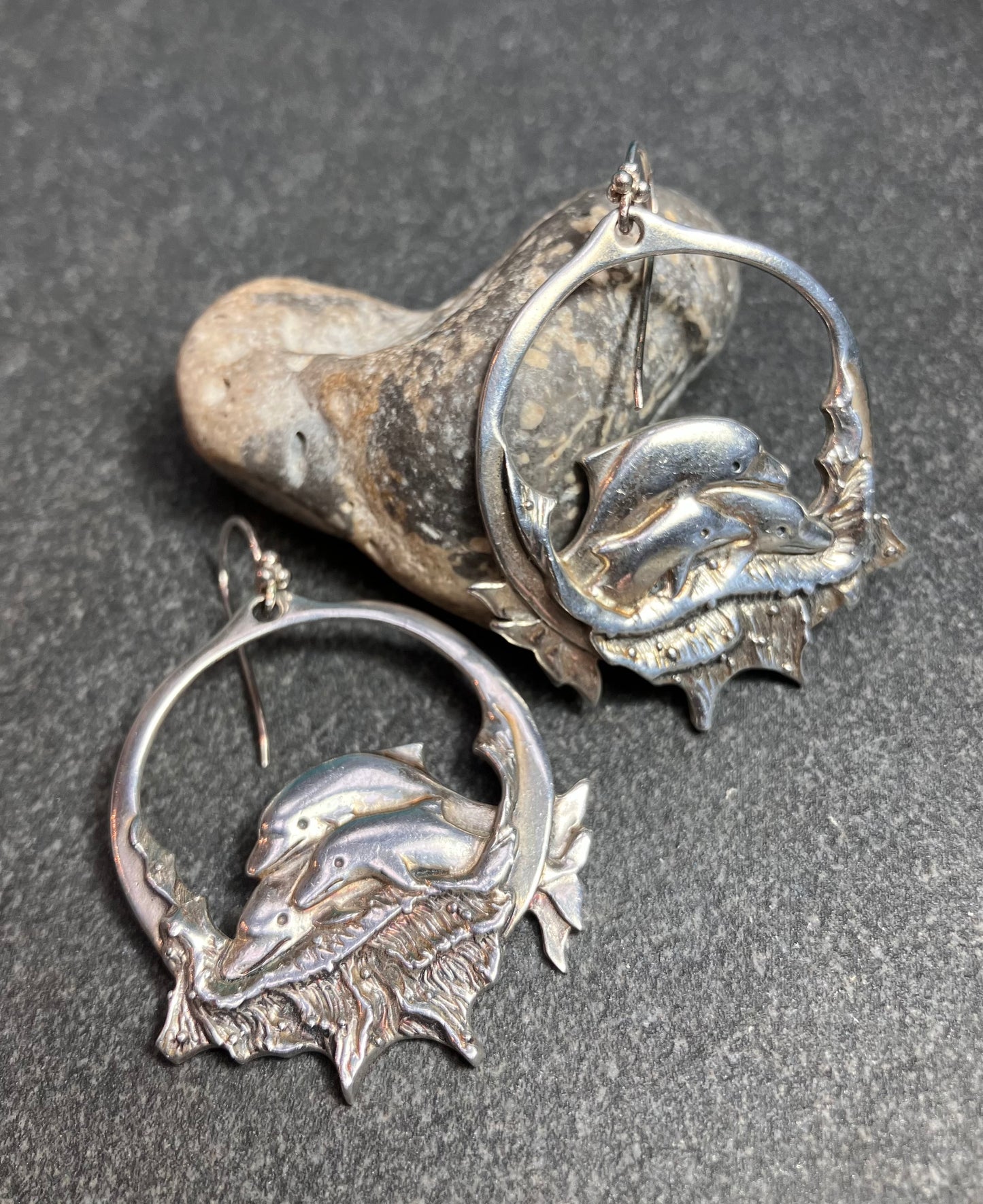 These are truly spectacular statement vintage sterling silver dolphin earrings.