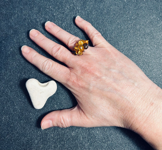 Vintage Sterling Silver & Amber Cluster Ring