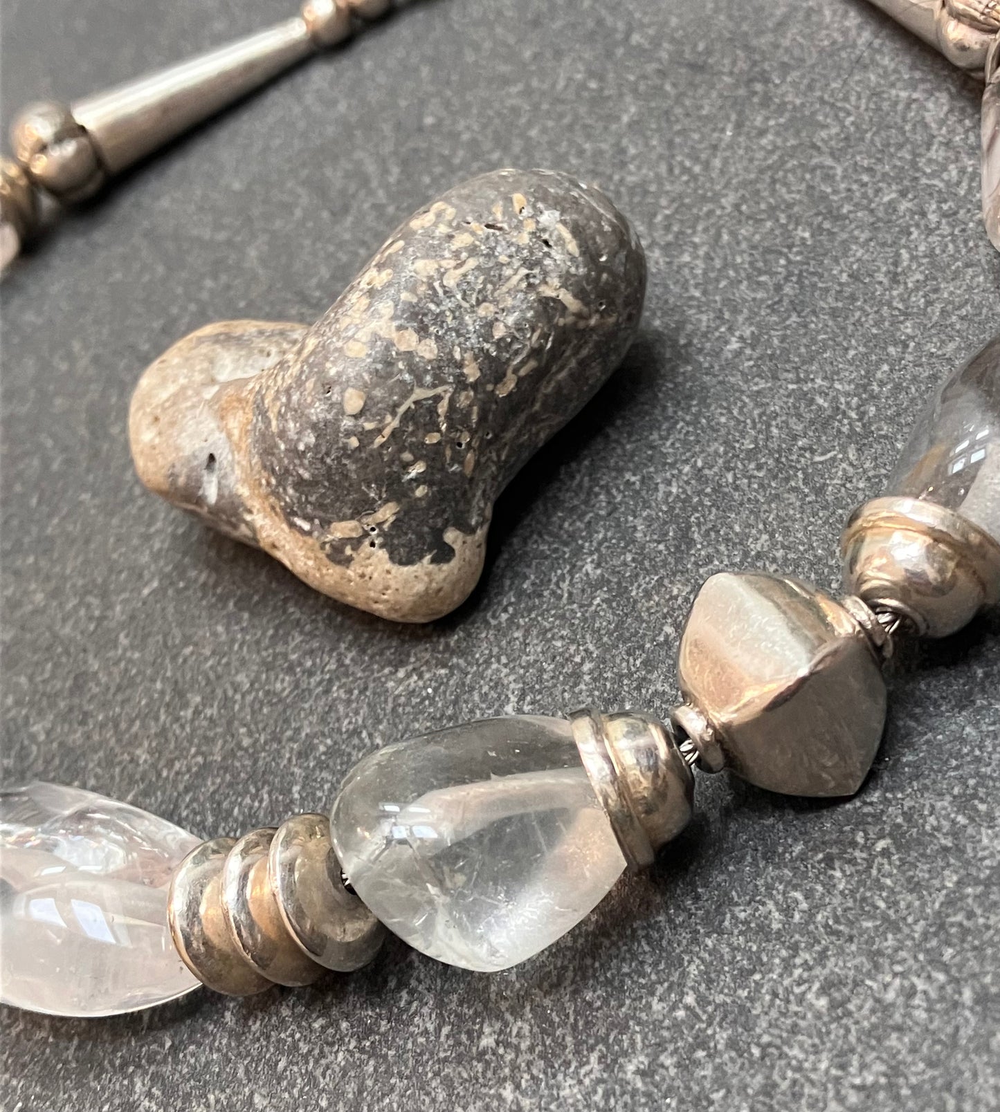 Spectacular statement Tibetan vintage sterling silver and natural rock crystal necklace.