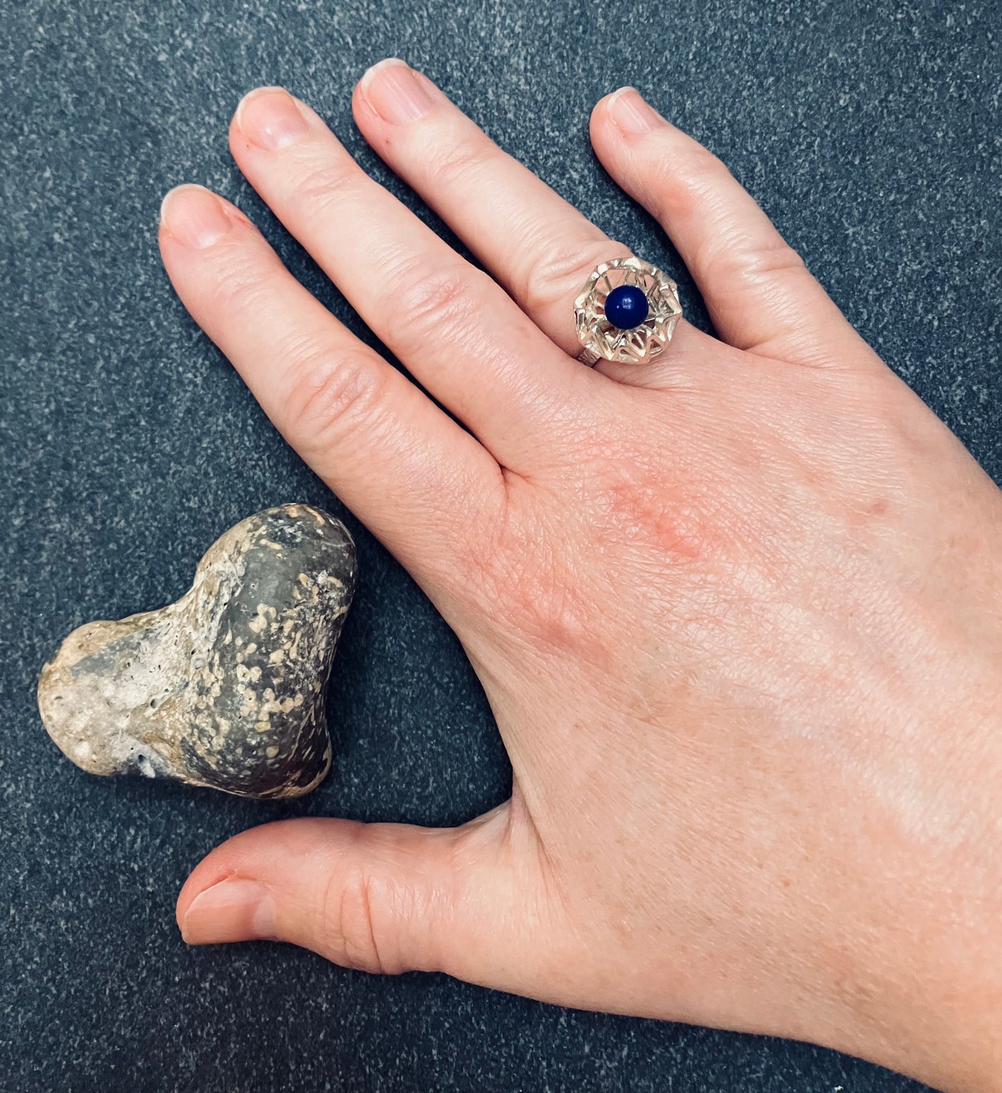 Absolutely amazing geometric and lapis sphere ring. 1971-1972