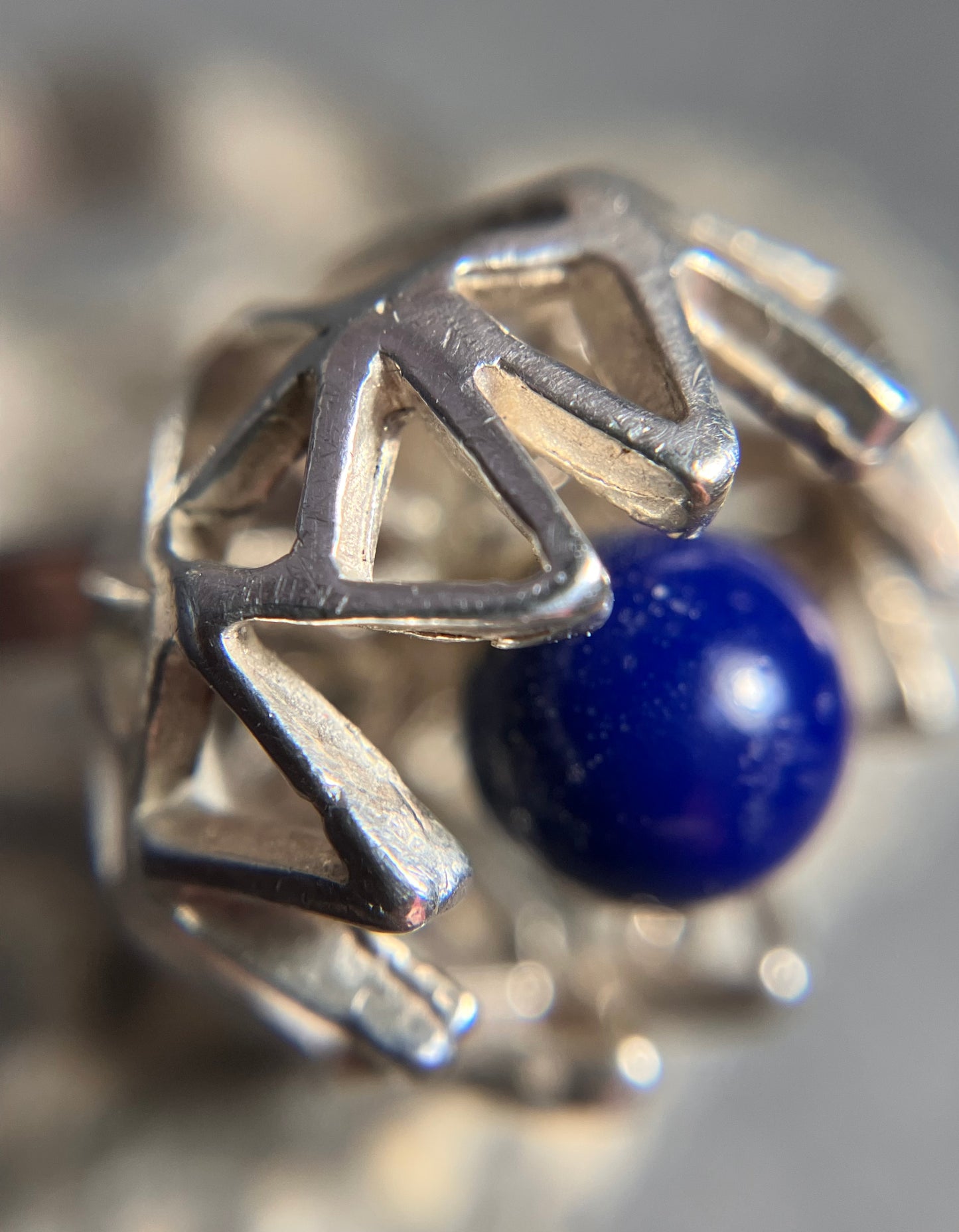 Absolutely amazing geometric and lapis sphere ring. 1971-1972