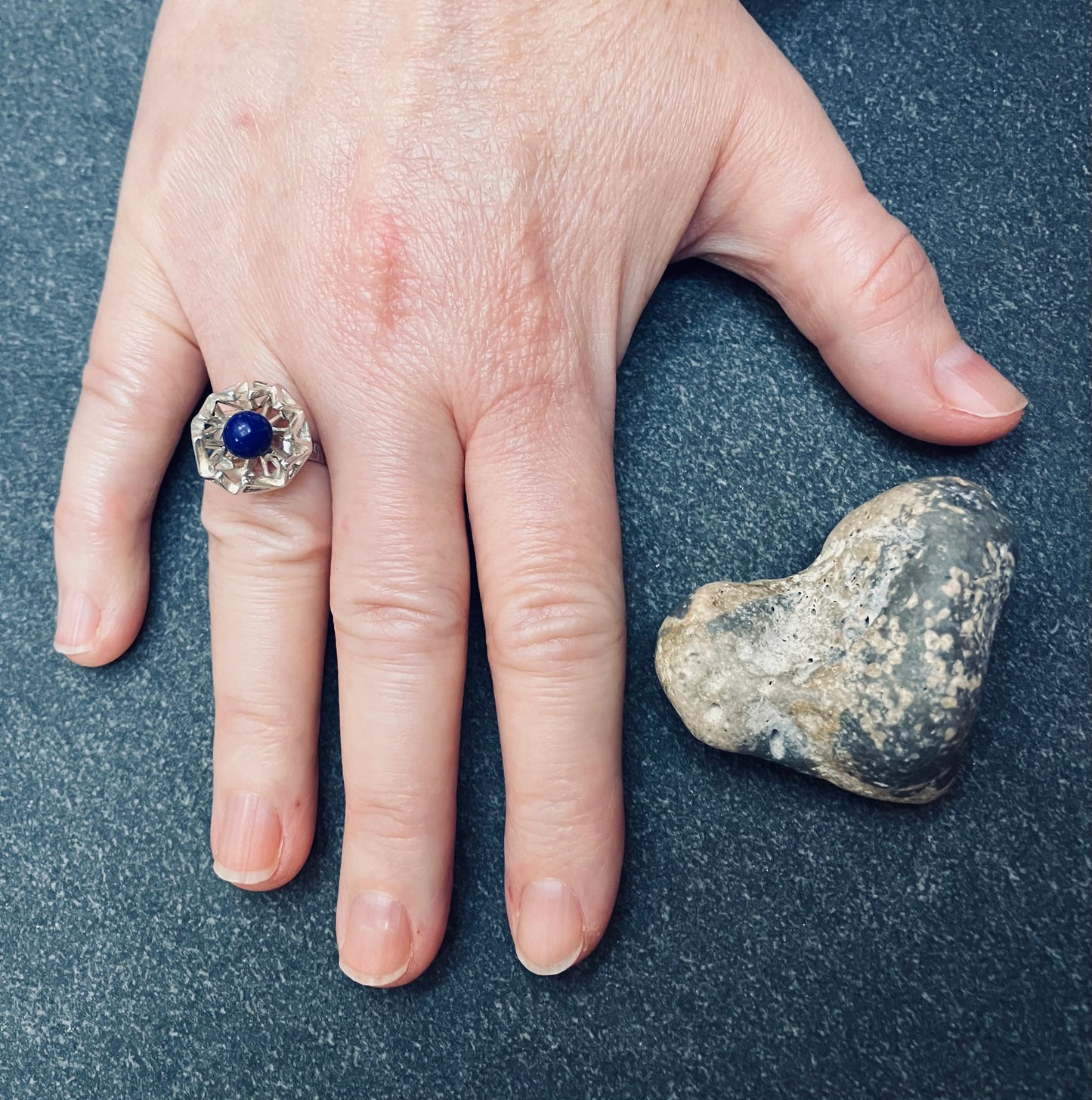 Absolutely amazing geometric and lapis sphere ring. 1971-1972