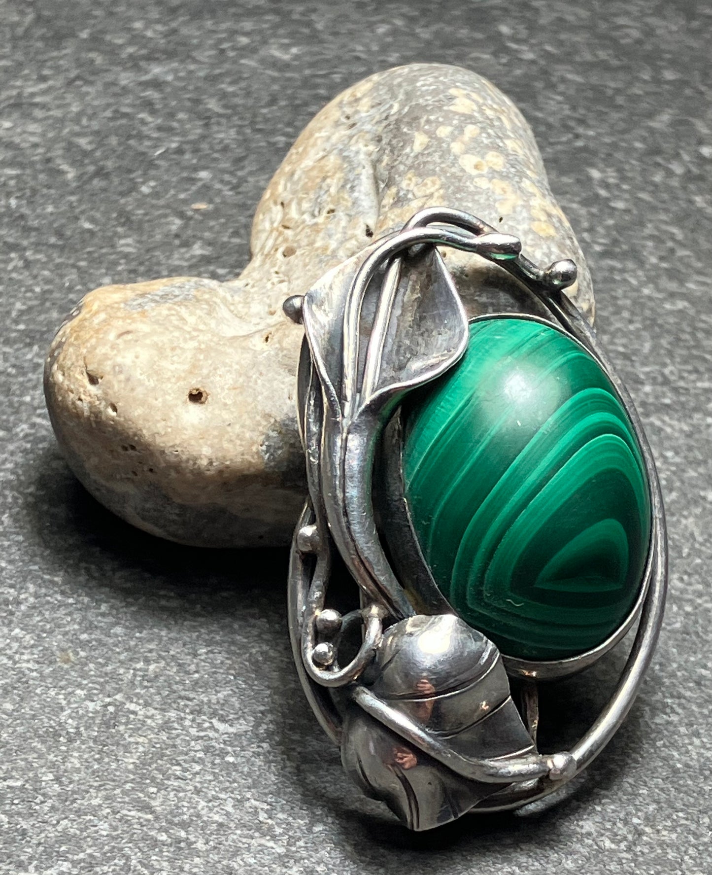 Beautiful vintage sterling silver and malachite brooch.