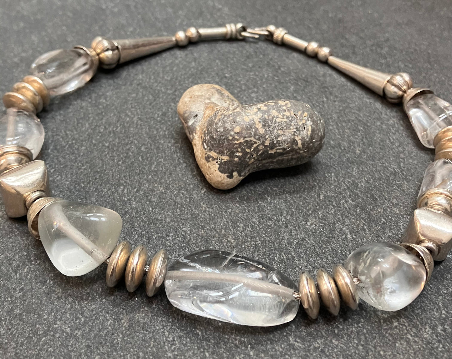 Spectacular statement Tibetan vintage sterling silver and natural rock crystal necklace.