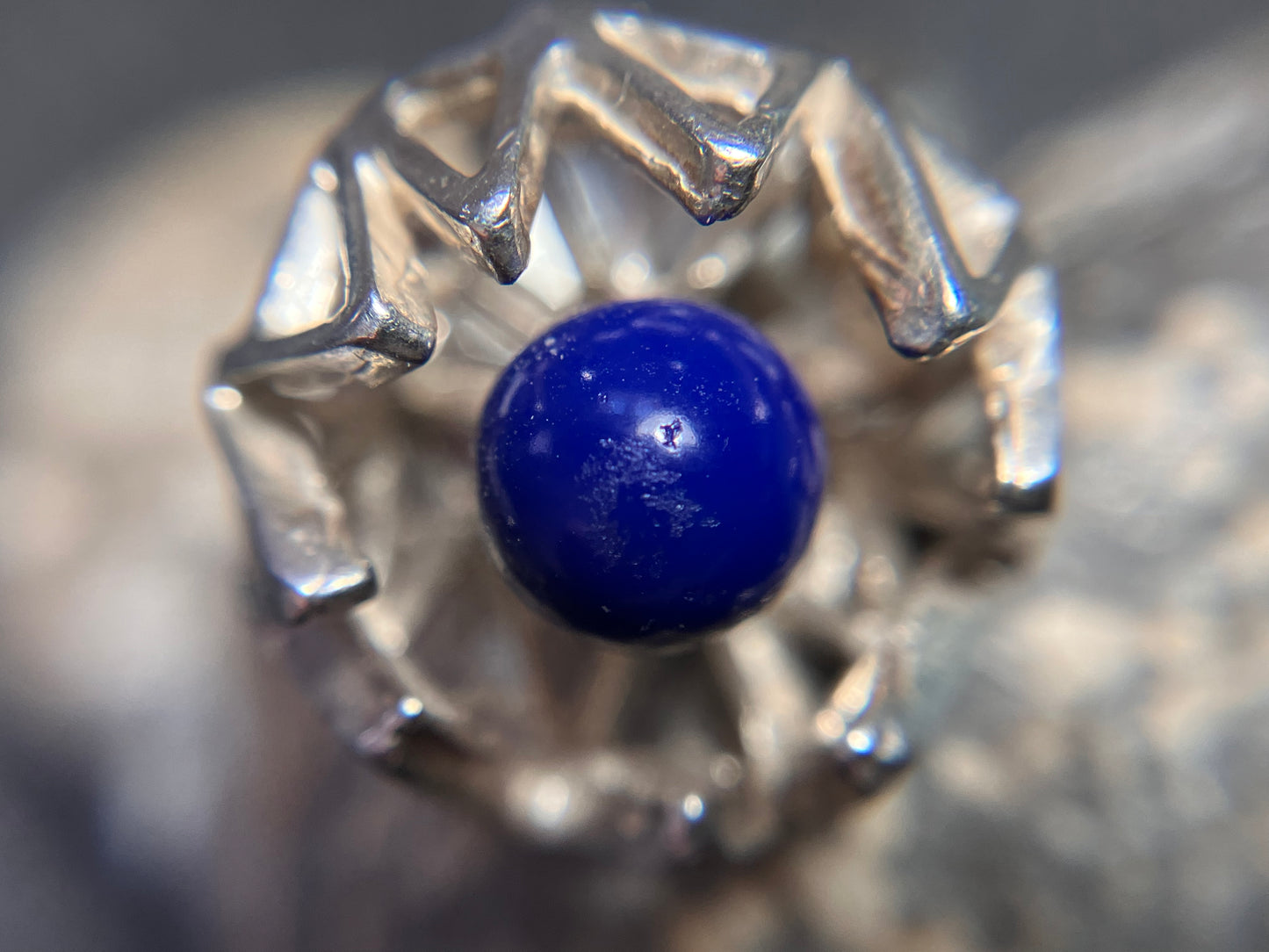 Absolutely amazing geometric and lapis sphere ring. 1971-1972