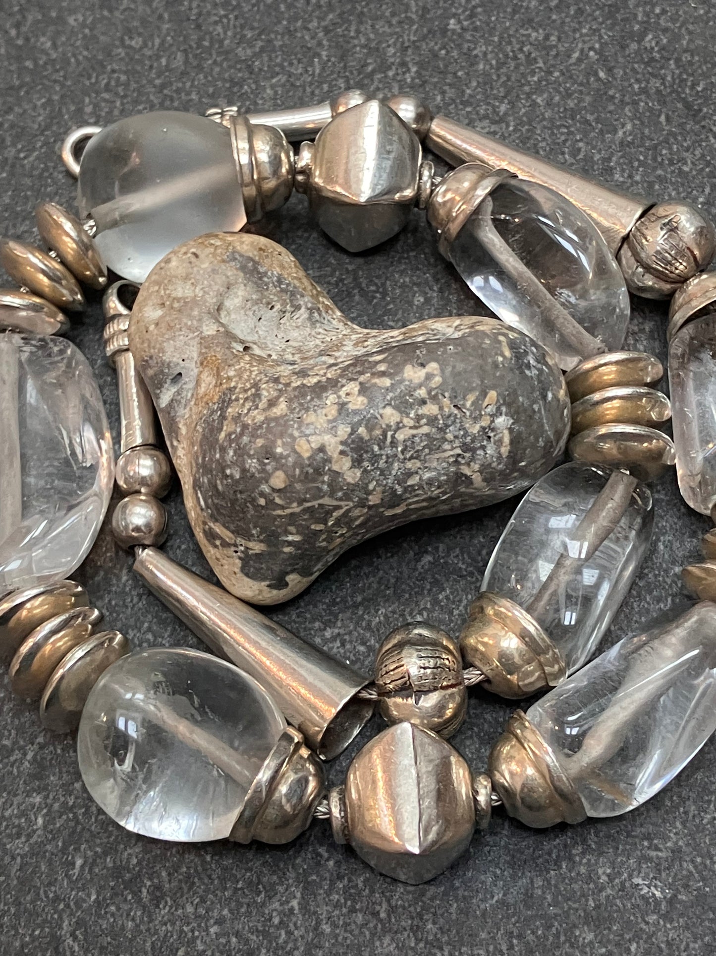 Spectacular statement Tibetan vintage sterling silver and natural rock crystal necklace.