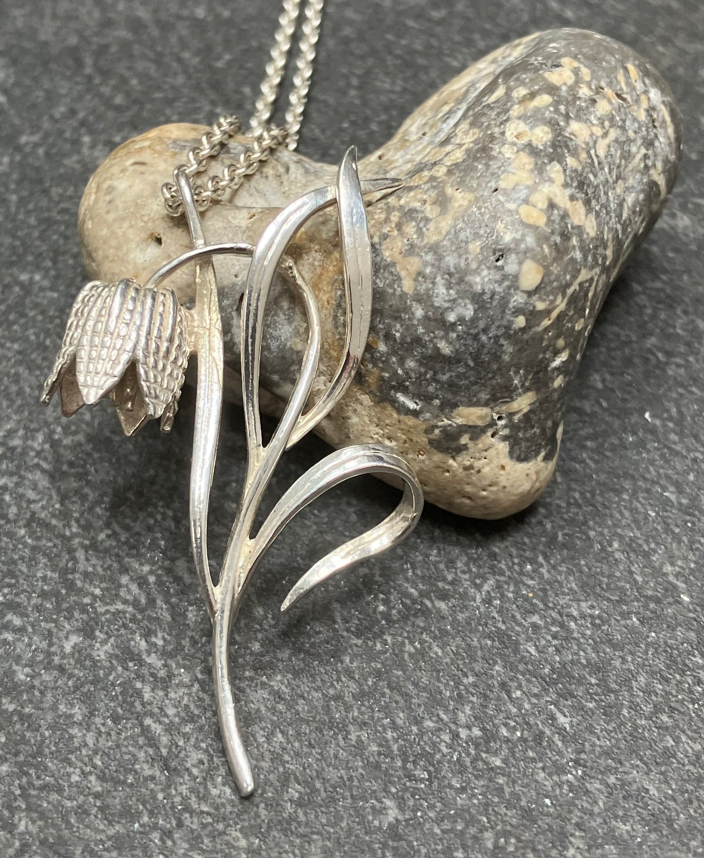 vintage sterling Fritillaria flower pendant and original chain. 1979