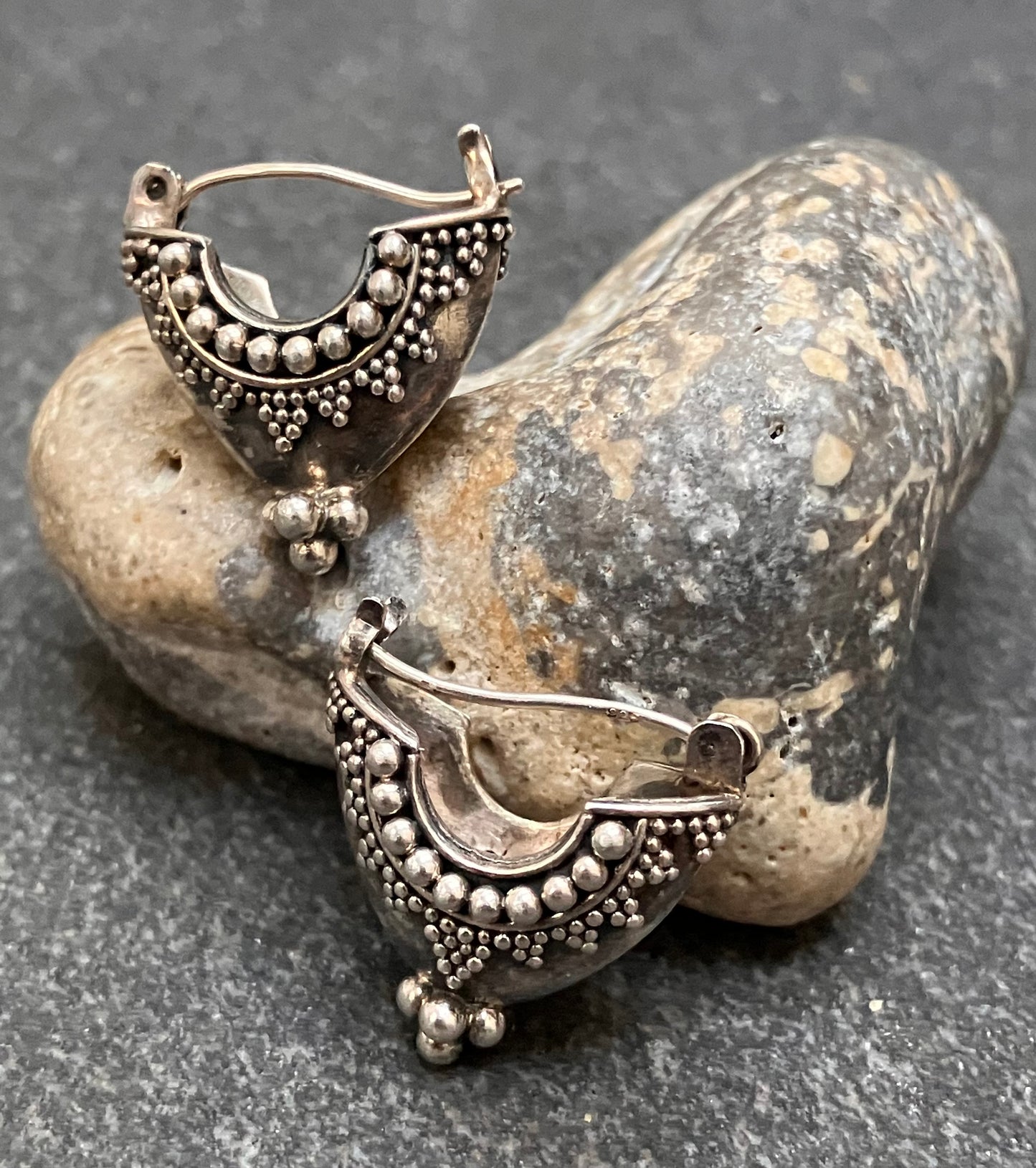 Ornate vintage sterling silver SURATI hoop earrings