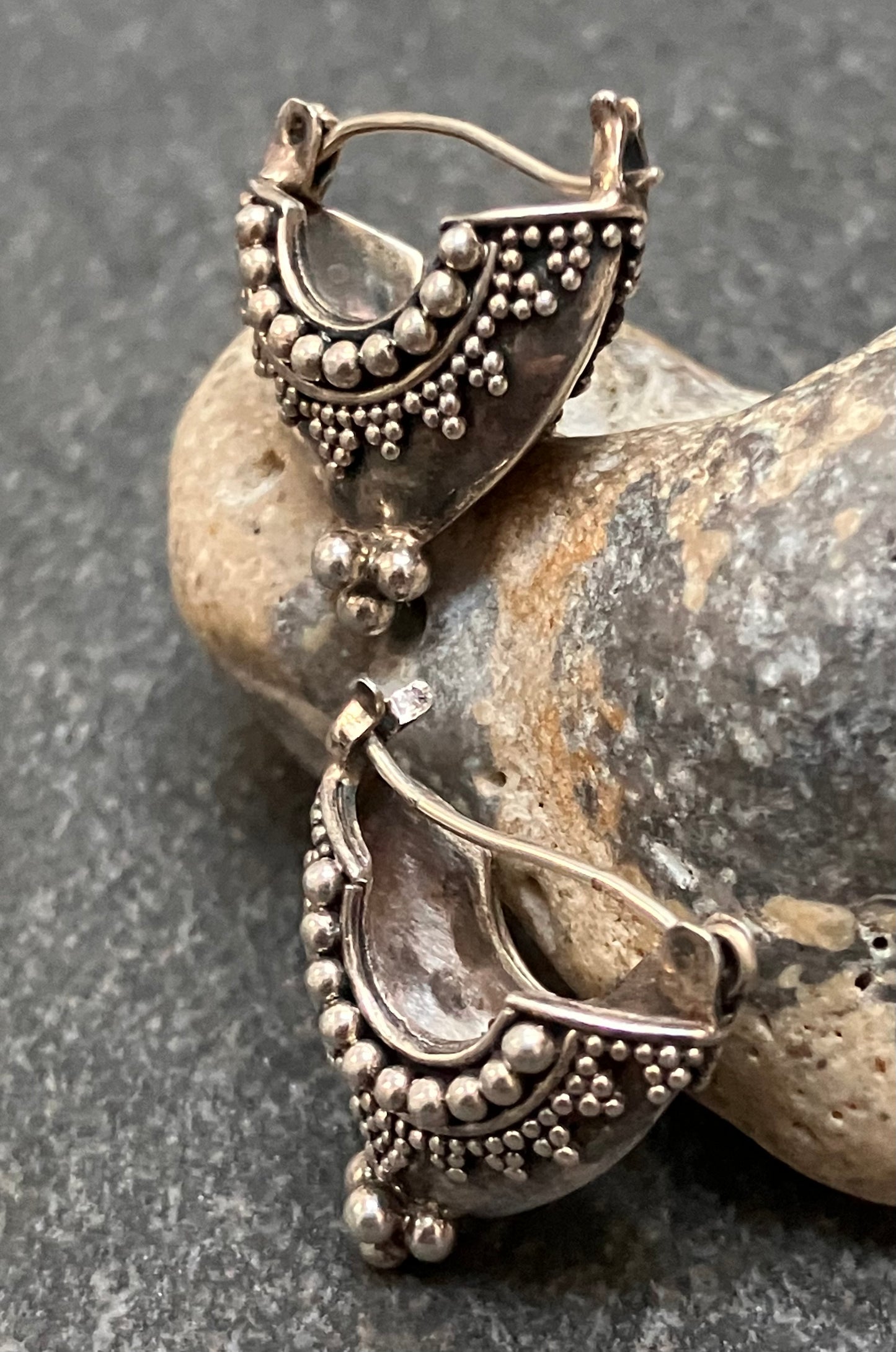 Ornate vintage sterling silver SURATI hoop earrings